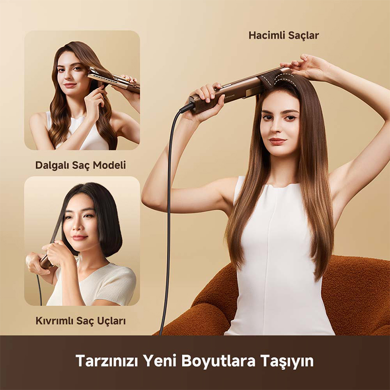 Bir kadın saç şekillendirici ile saçını şekillendiriyor, farklı modeller gösteriyor.