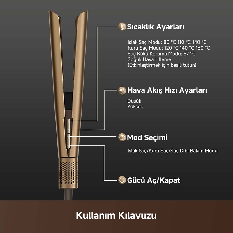 Sıcaklık, hava akışı ve mod ayarları için kontrolleri gösteren altın rengi saç düzleştirici.