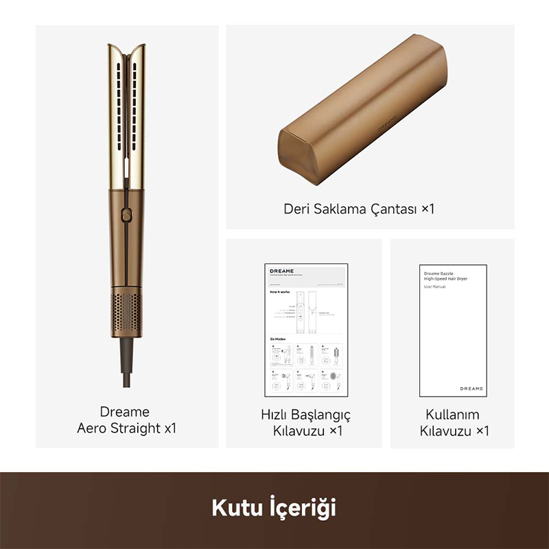 Dreame Aero Straight saç kurutma makinesi, çanta, hızlı başlangıç kılavuzu ve kullanım kılavuzu.