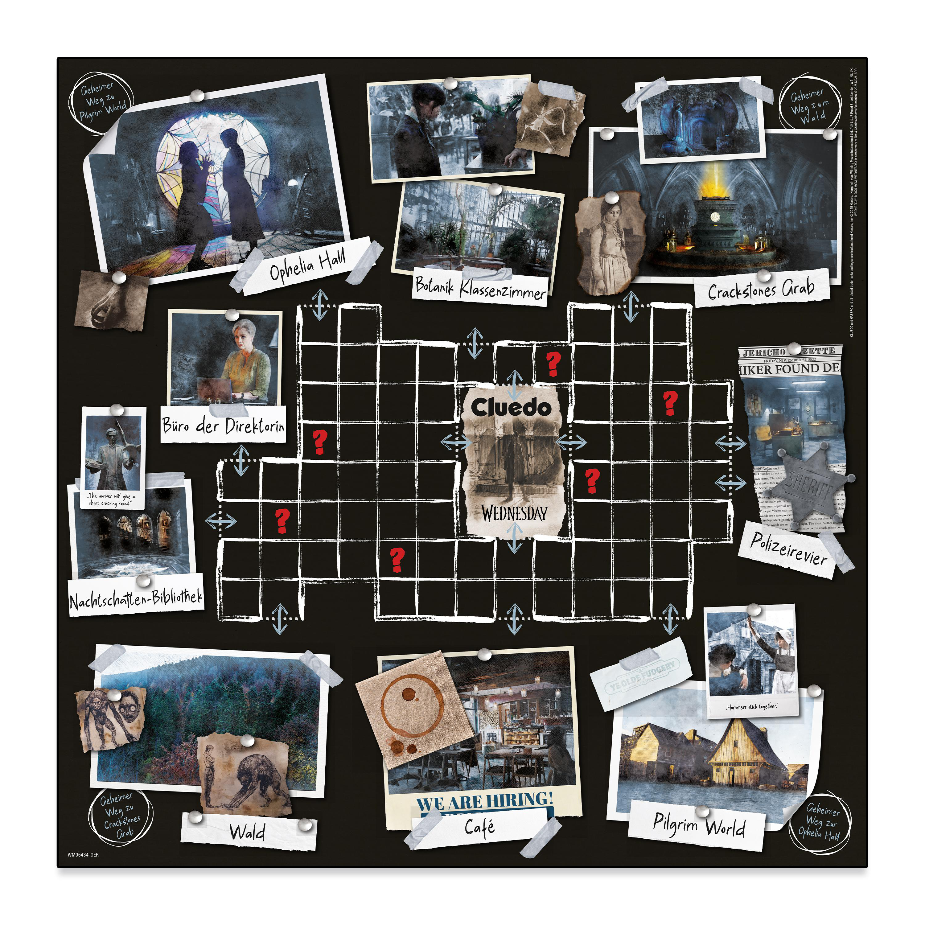 Ein Spielbrett mit Fotos und Hinweisen zu Cluedo und Wednesday.