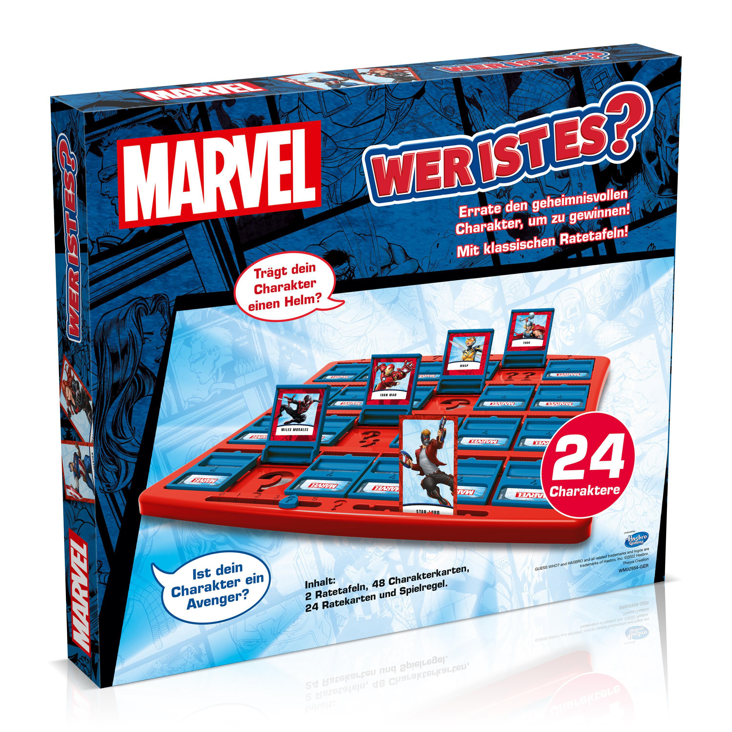 Marvel Guess Who? Brettspiel mit Charakteren wie Iron Man, Thor und Wasp.