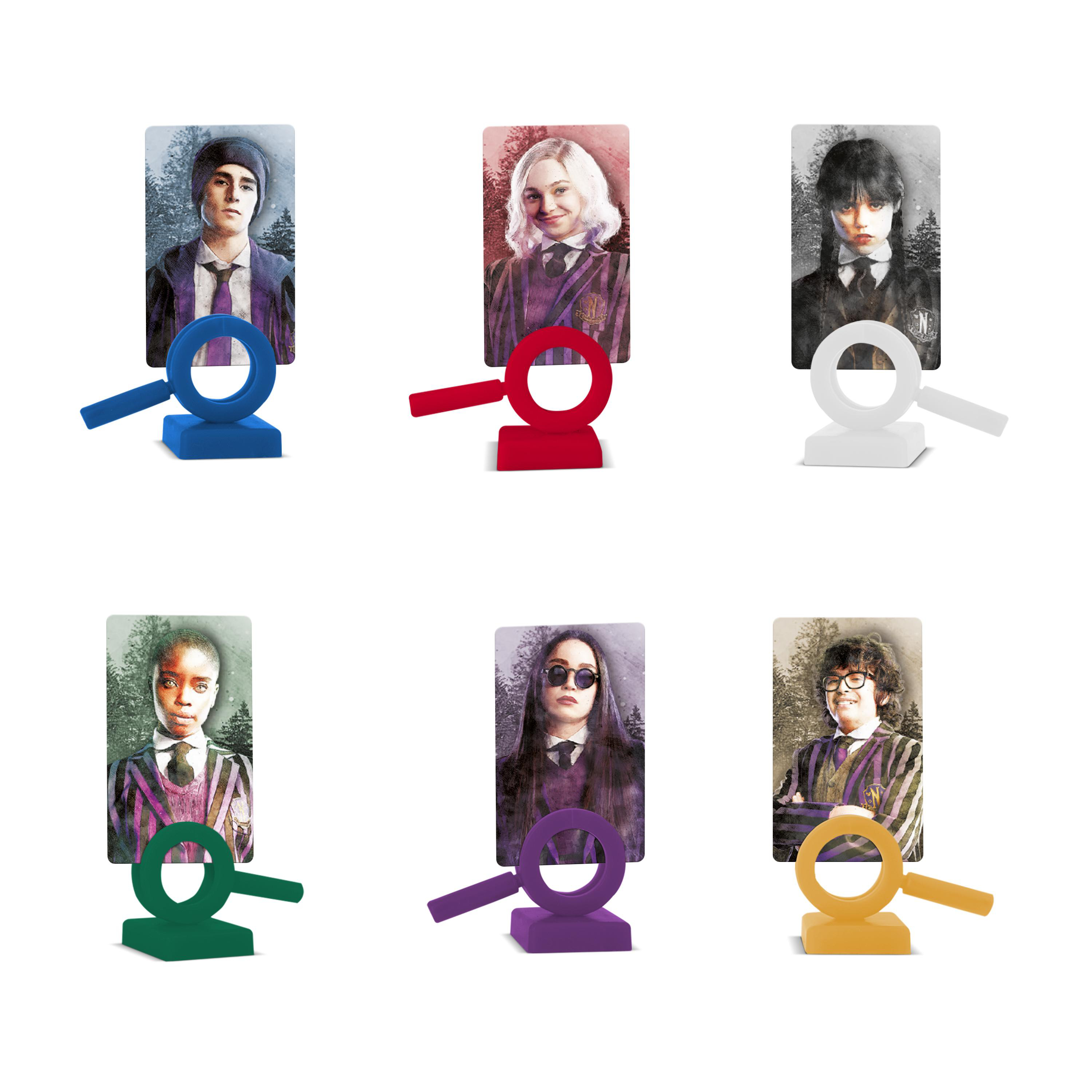 Sechs Spielfiguren mit Charakterporträts und Lupenständern in verschiedenen Farben.