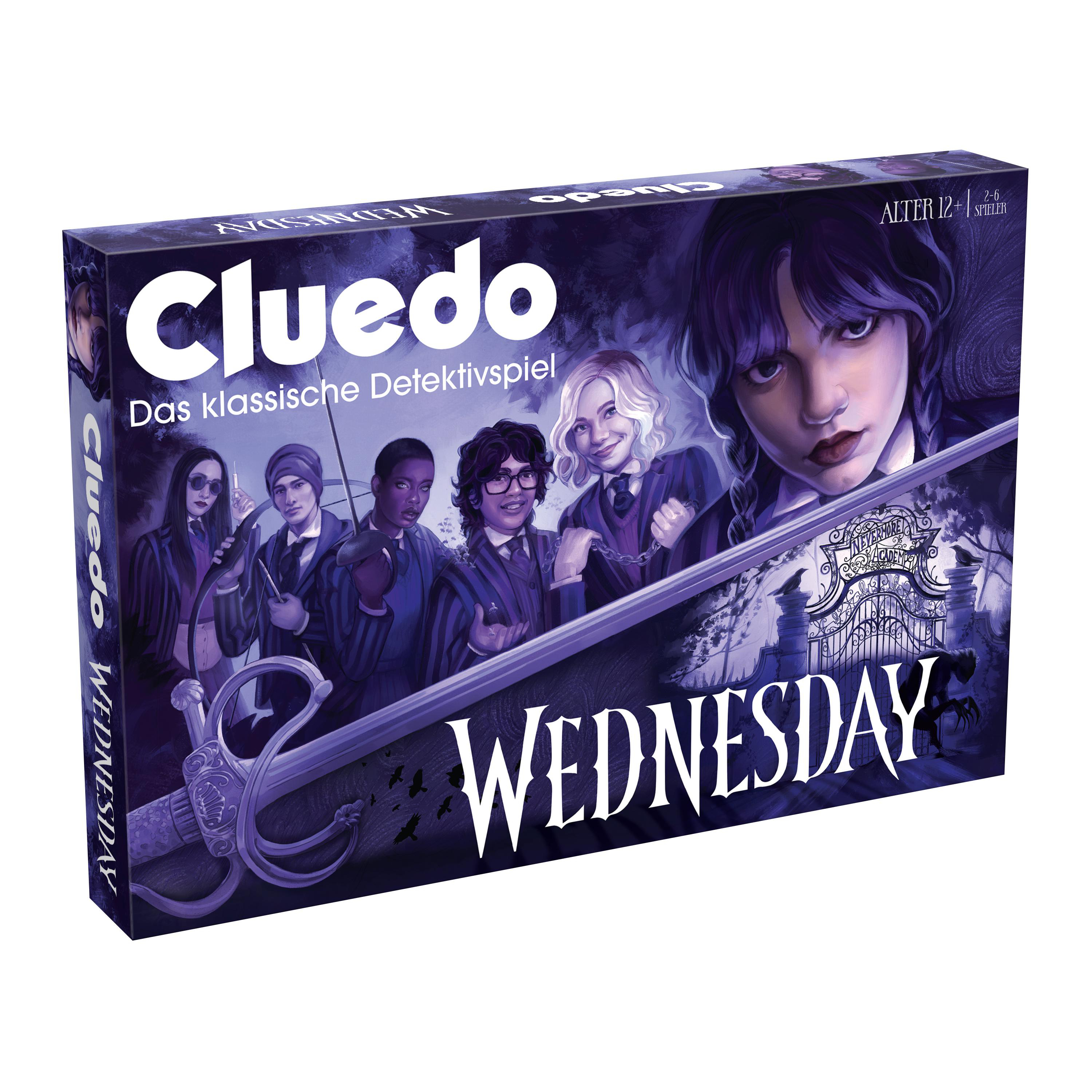 Cluedo Wednesday Brettspiel: Charaktere vor einem Tor mit einem Monster.