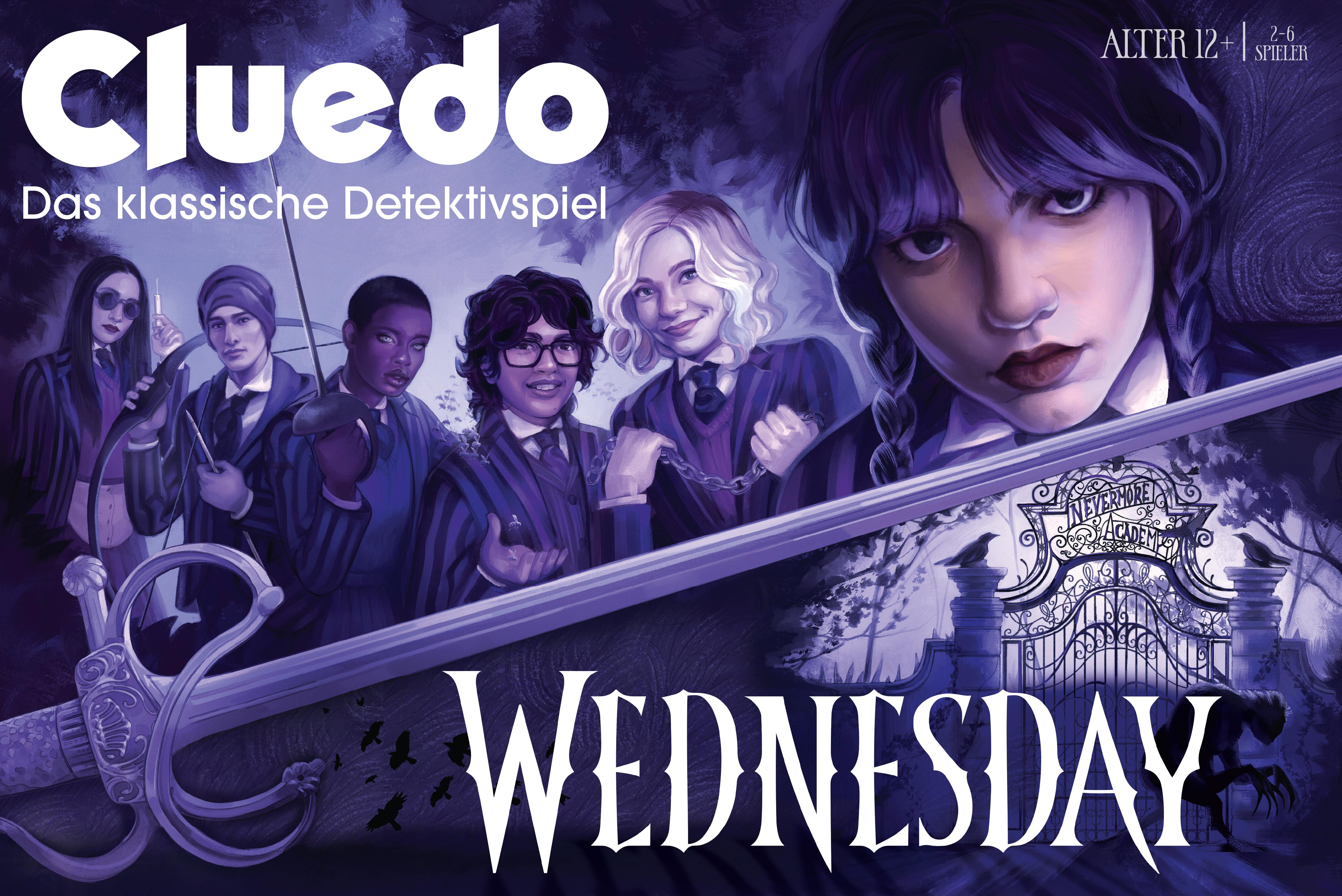Cluedo Wednesday: Charaktere vor einem Tor der Nevermore Academy.
