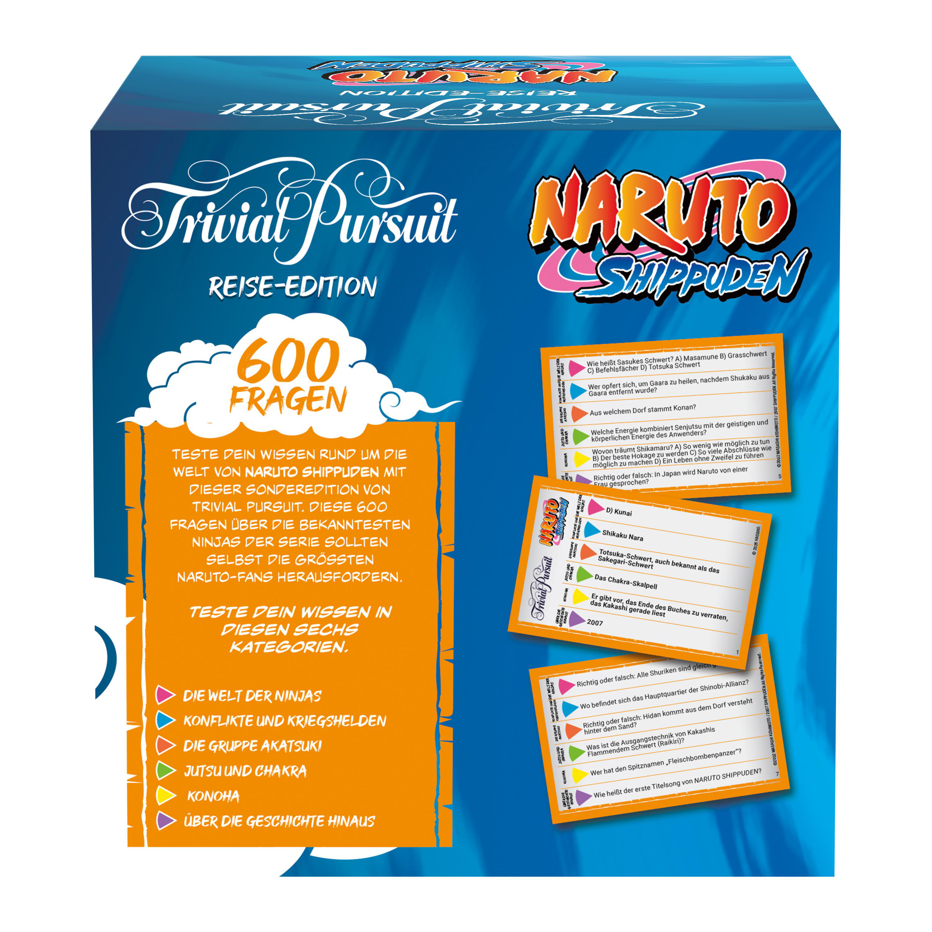 Naruto Shippuden Trivial Pursuit Reise-Edition Spielbox mit Fragenkarten und Kategorien.