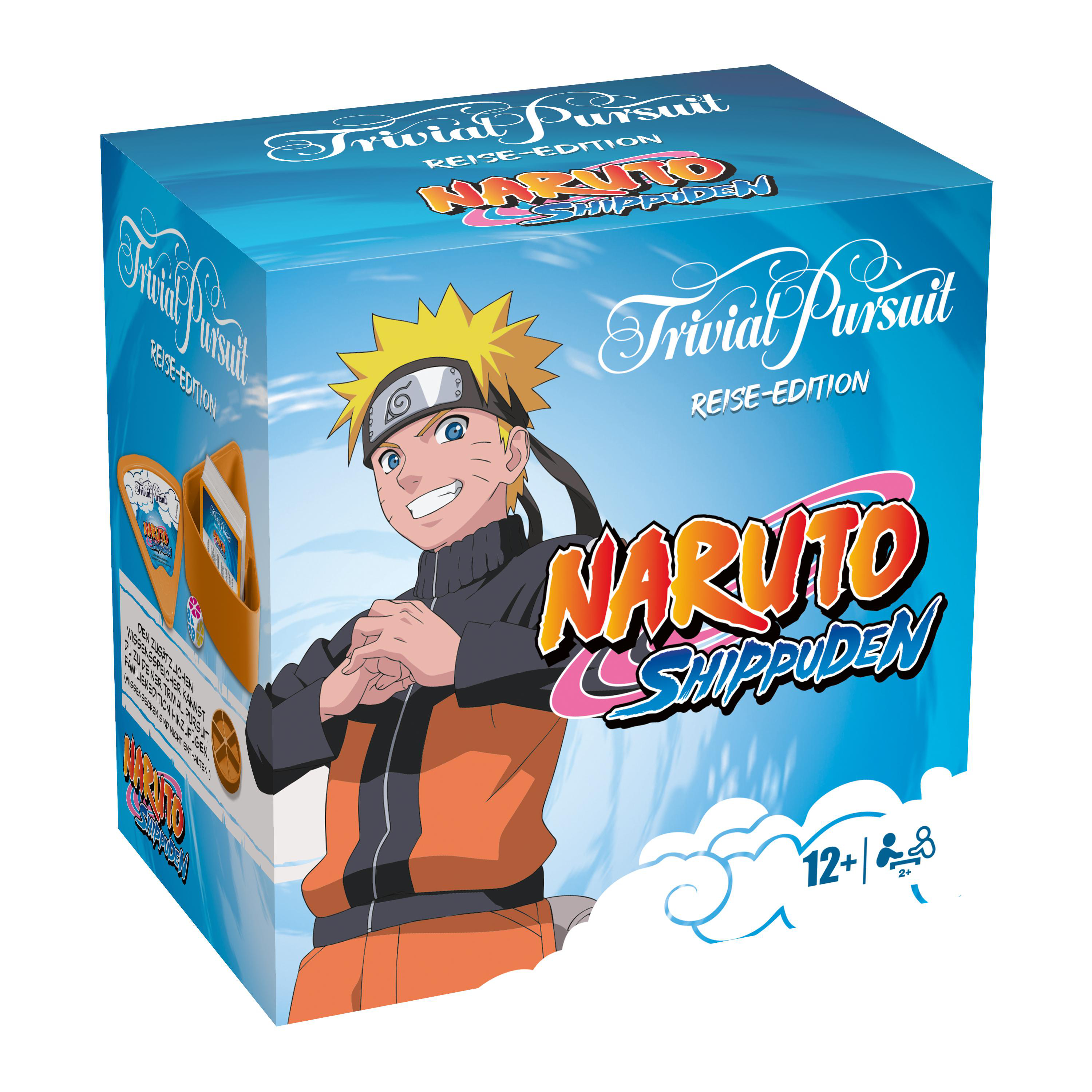 Eine Trivial Pursuit Naruto Shippuden Reise-Edition Spielbox mit Naruto-Charakter.
