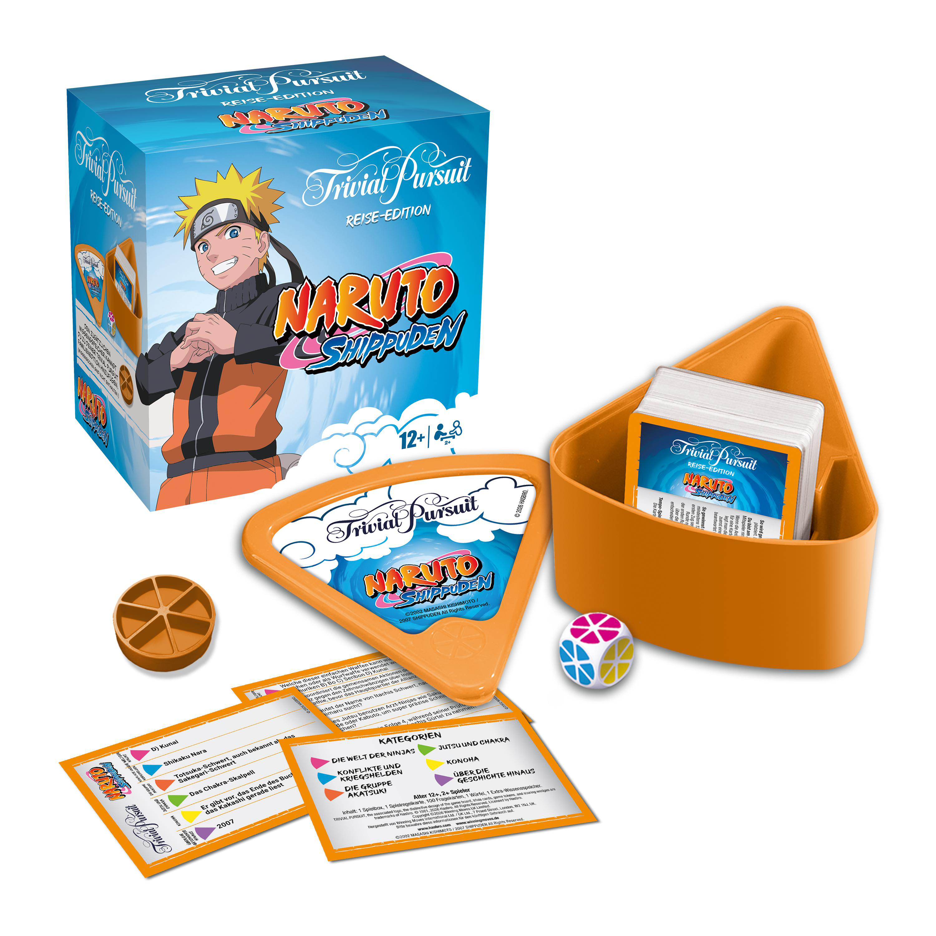 Trivial Pursuit Naruto Shippuden Reise-Edition mit Spielbox, Karten, Würfel und orangefarbenem Behälter.