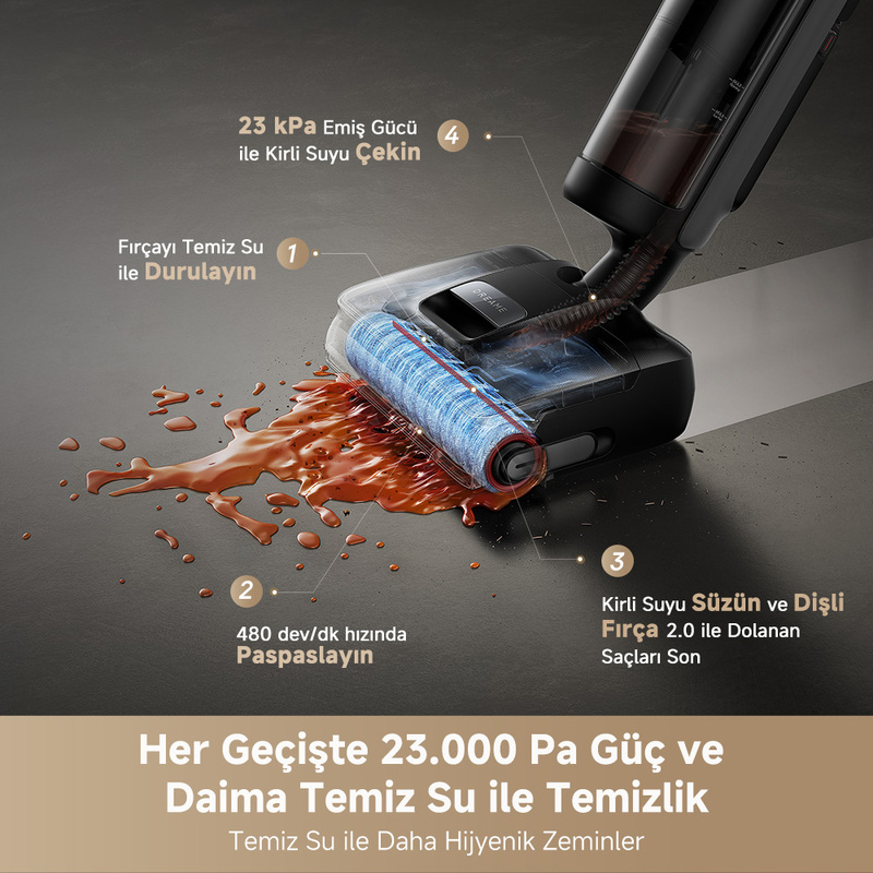 Kirli sıvıyı emen, fırça rulosuna sahip bir ıslak/kuru elektrikli süpürge.
