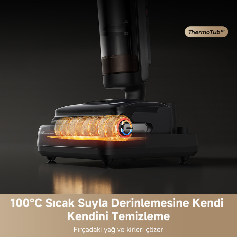 100°C sıcak su ile temizlenen döner fırçalı elektrikli süpürge.