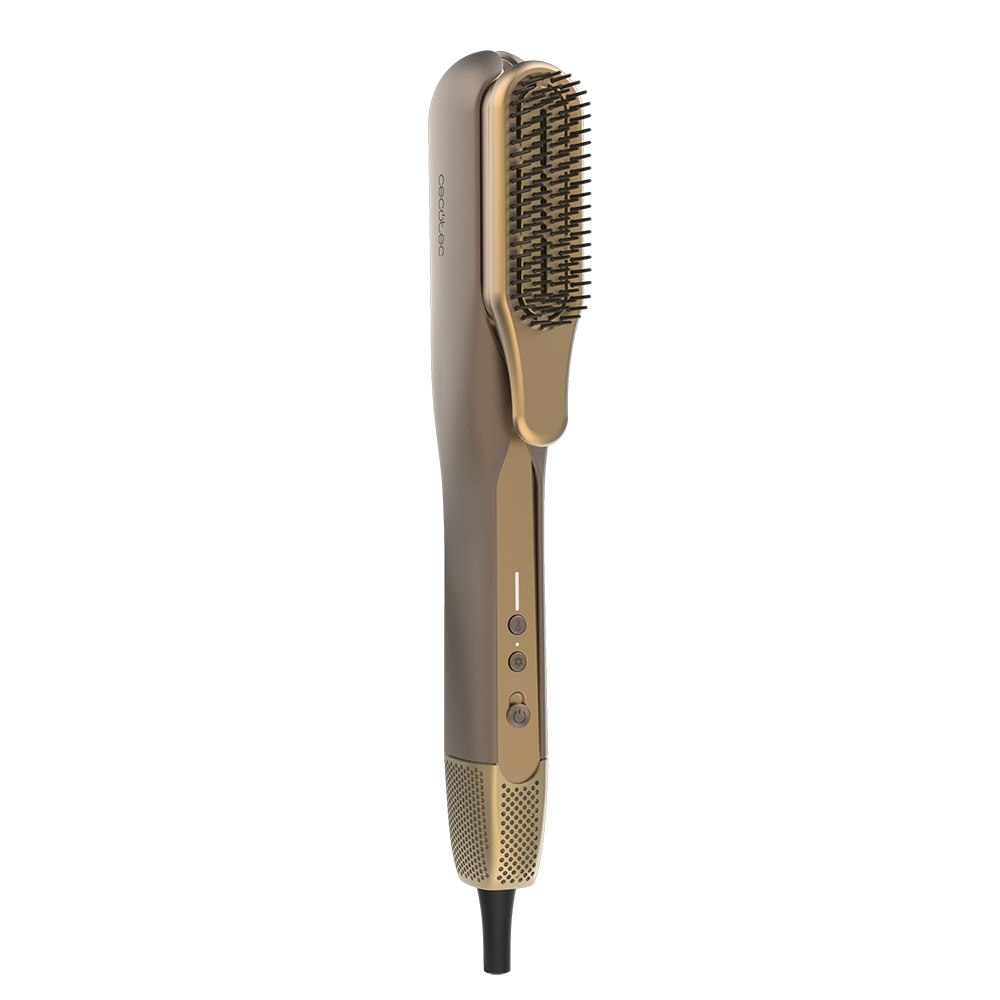 Una plancha de pelo dorada y bronce con accesorio de cepillo, sobre fondo blanco.