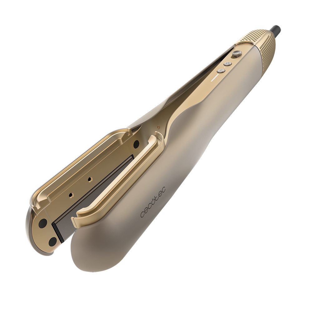 Una plancha de pelo dorada con botones de control y extremo texturizado.