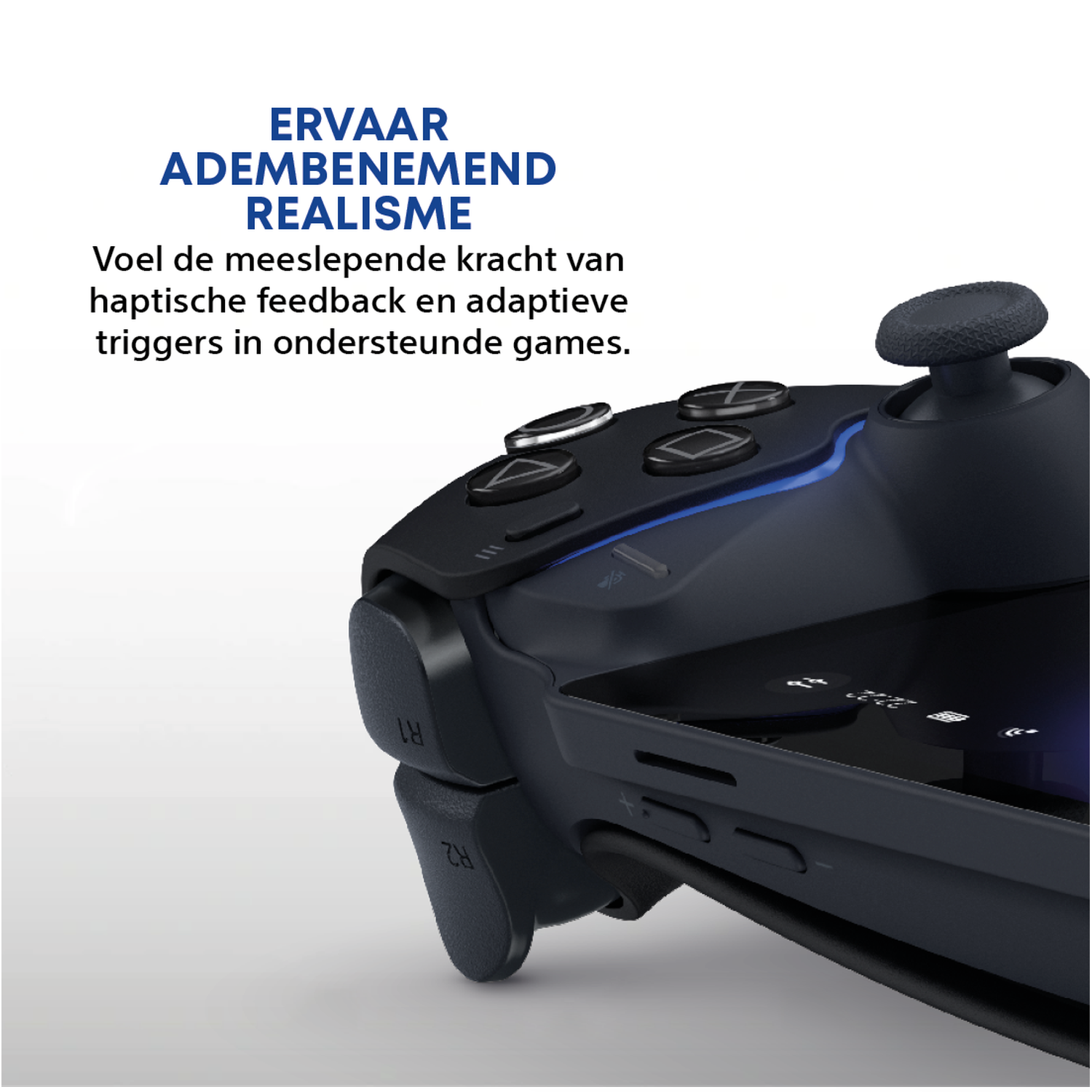 Dark controller with blue accents and text highlighting realism.