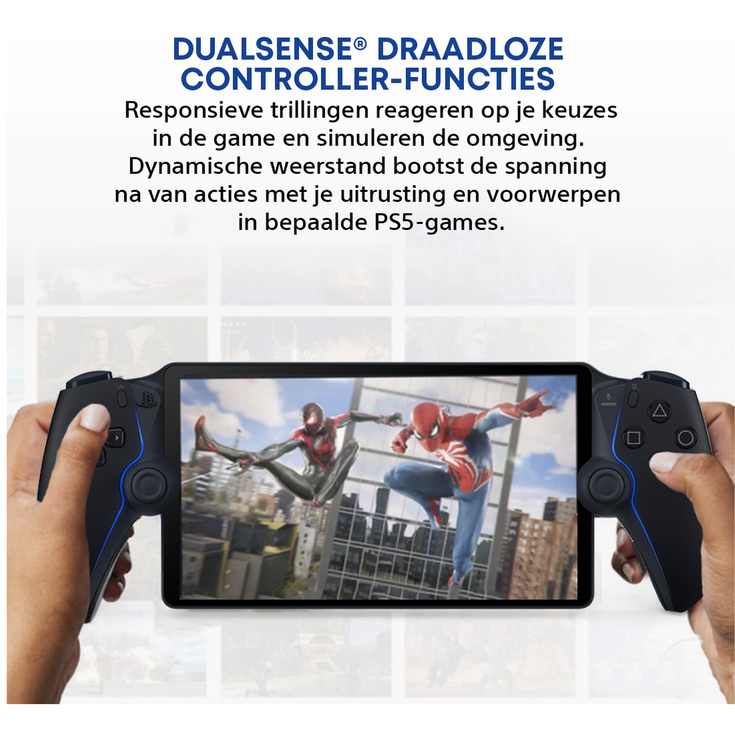 Hands hold a controller displaying a game with Spider-Man.