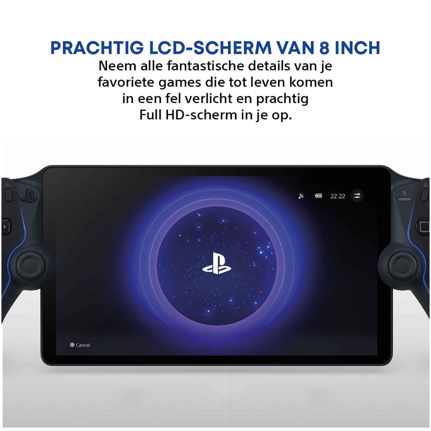 An 8-inch LCD screen showing the PlayStation logo and controllers.