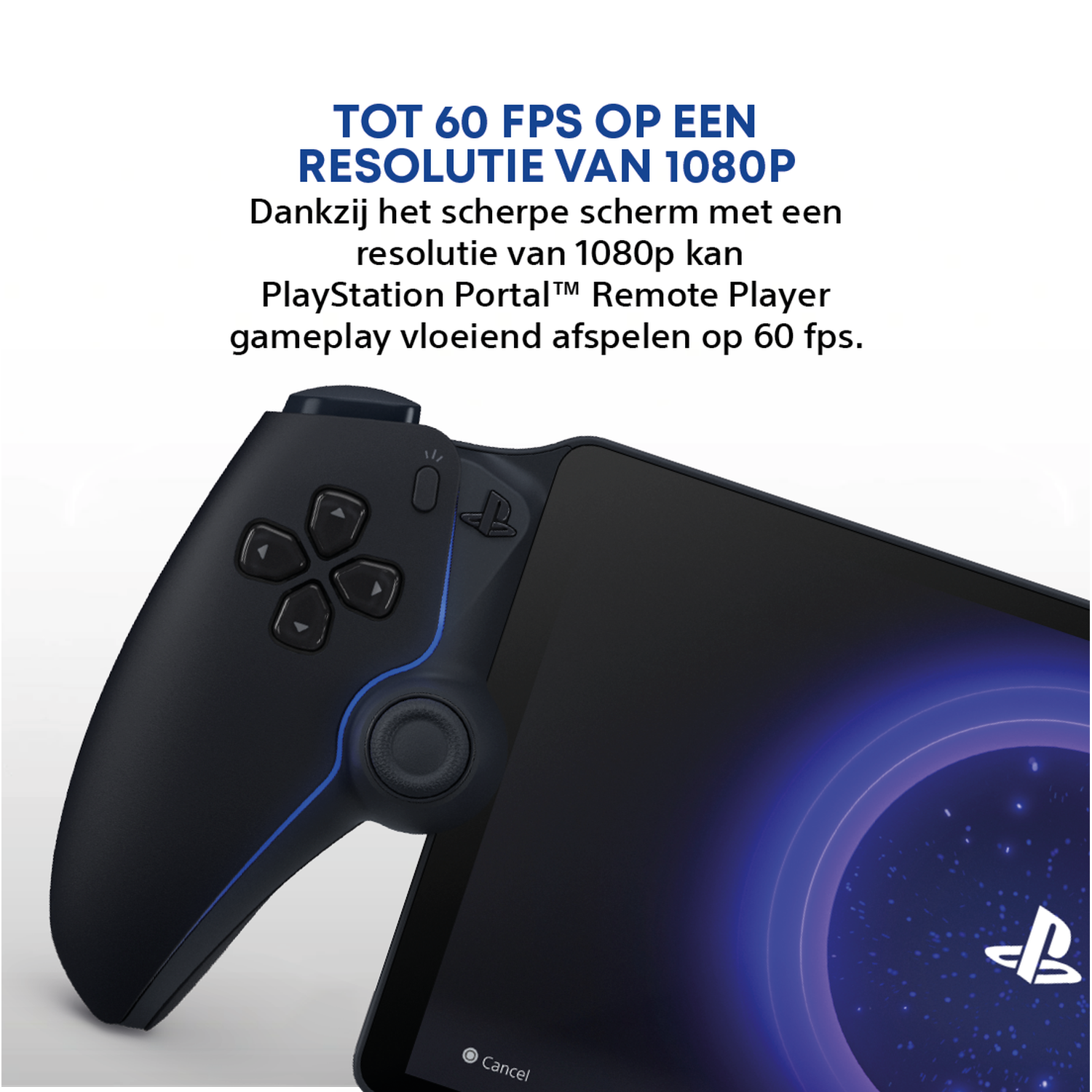 Black PlayStation controller with blue light accent and 1080p screen.