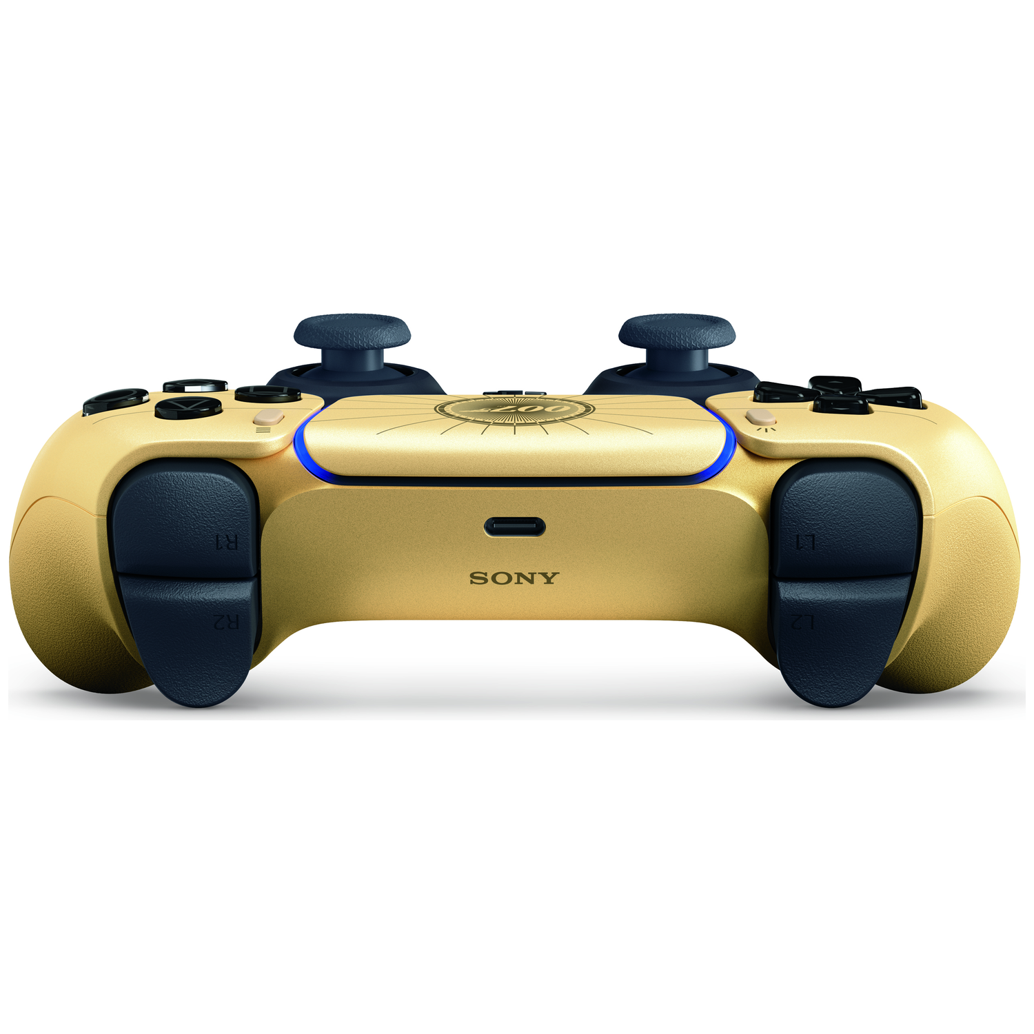A gold controller with blue accents rests on a white background.