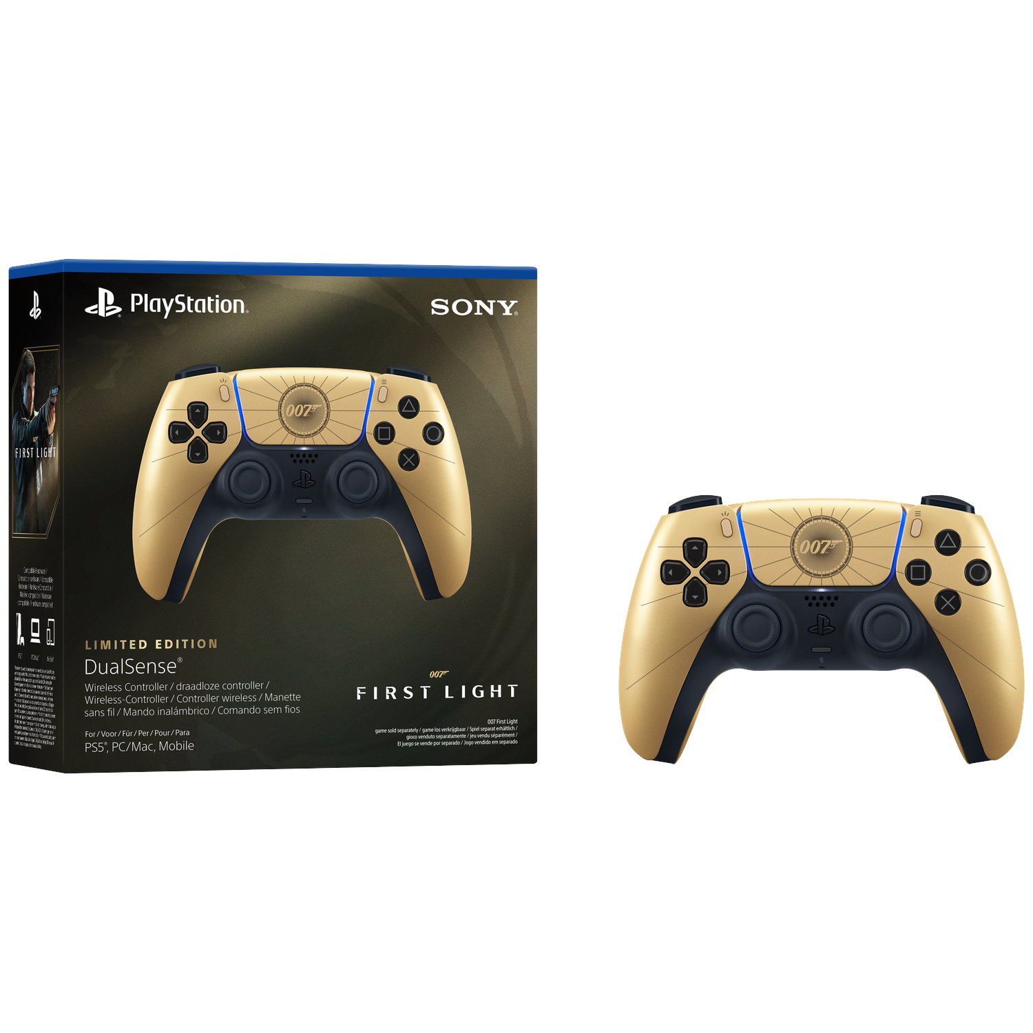 A gold DualSense controller with 007 logo and blue accents.