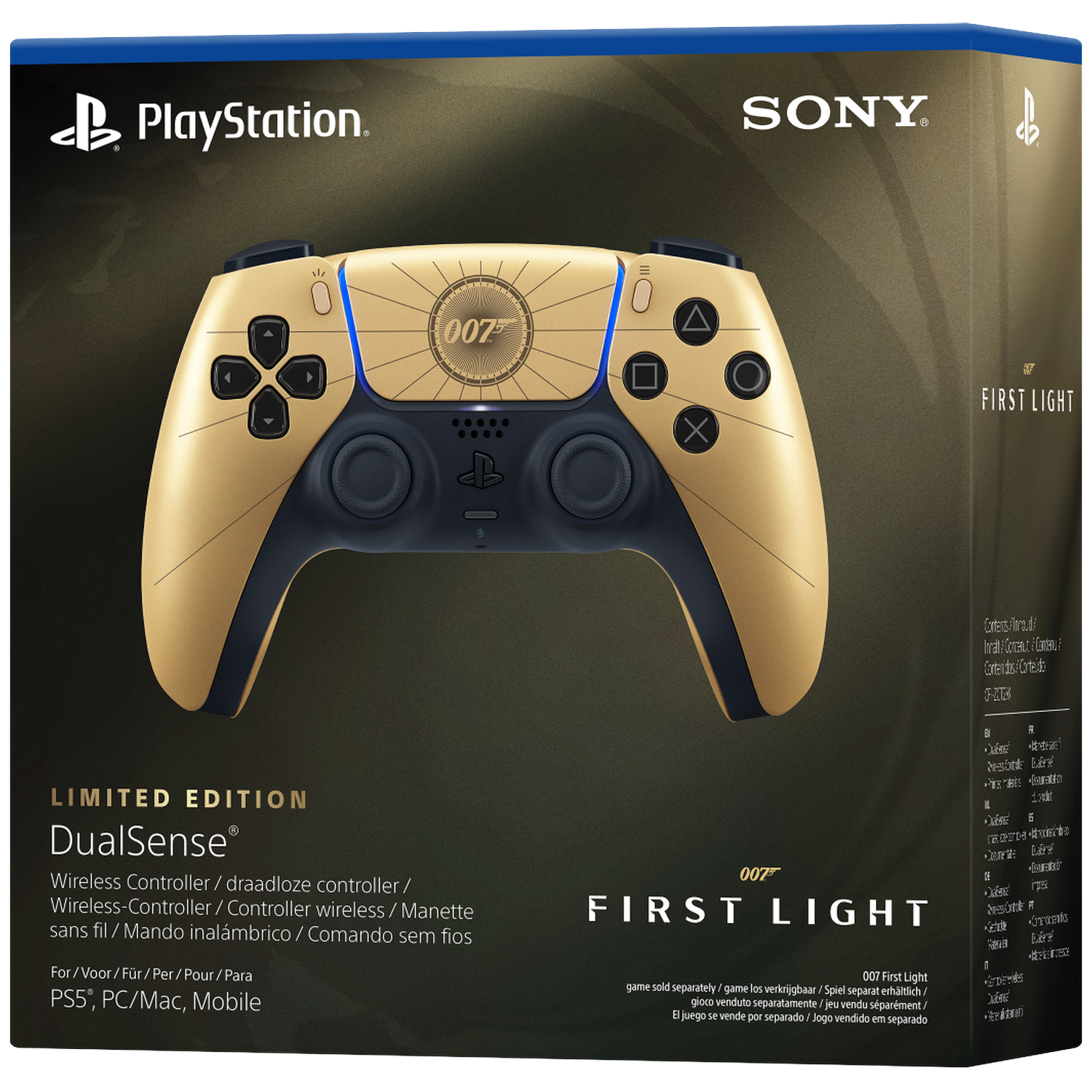 Gold PlayStation DualSense "First Light" Edition controller with 007 logo.