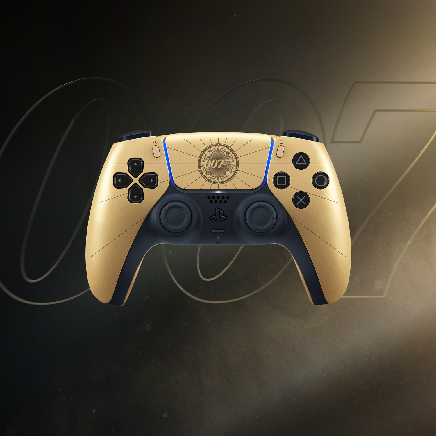Gold PS5 controller with 007 logo on dark background.