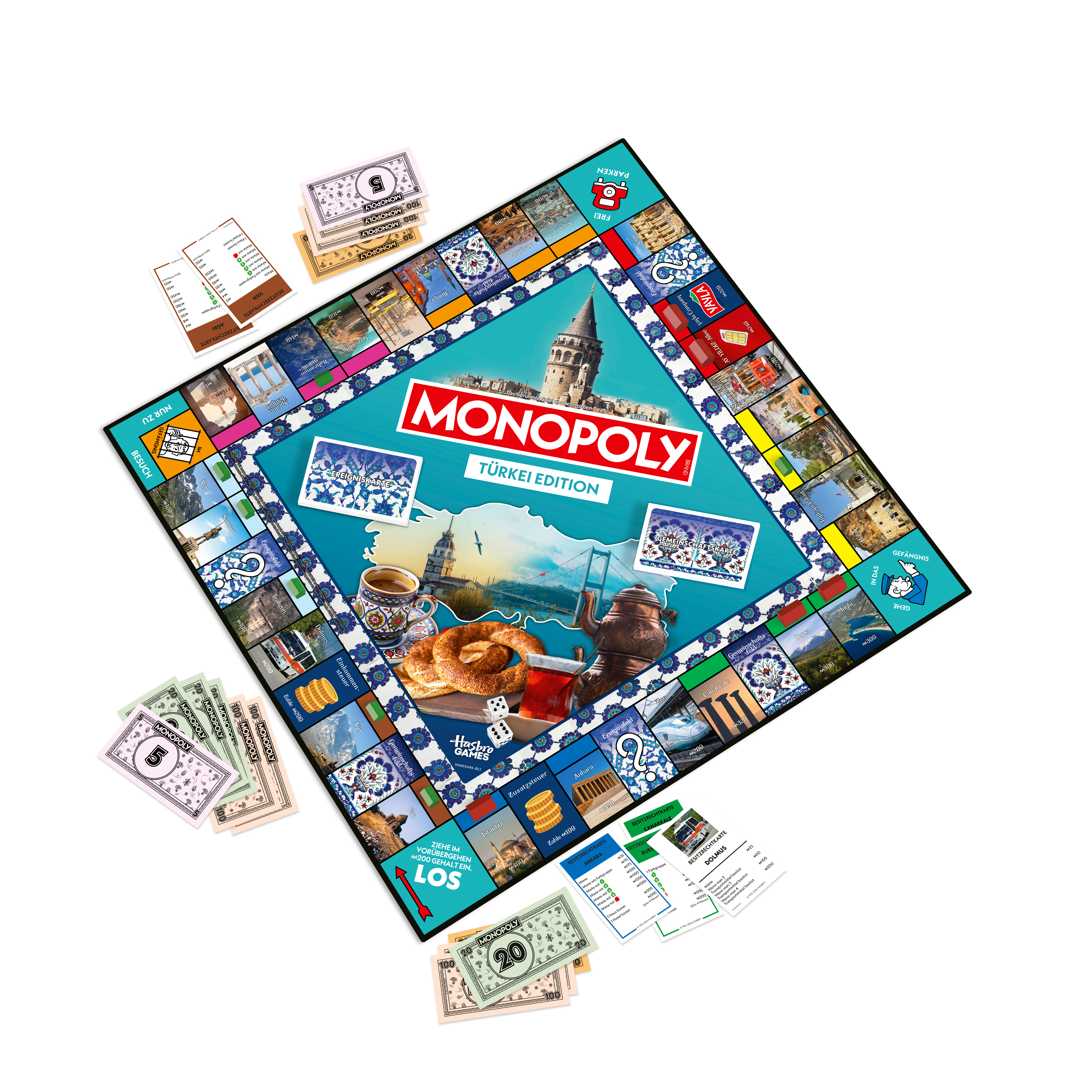 Monopoly Türkei Edition Spielbrett mit Geld, Karten und Würfeln. Zentral ist das Wahrzeichen Galata Turm.