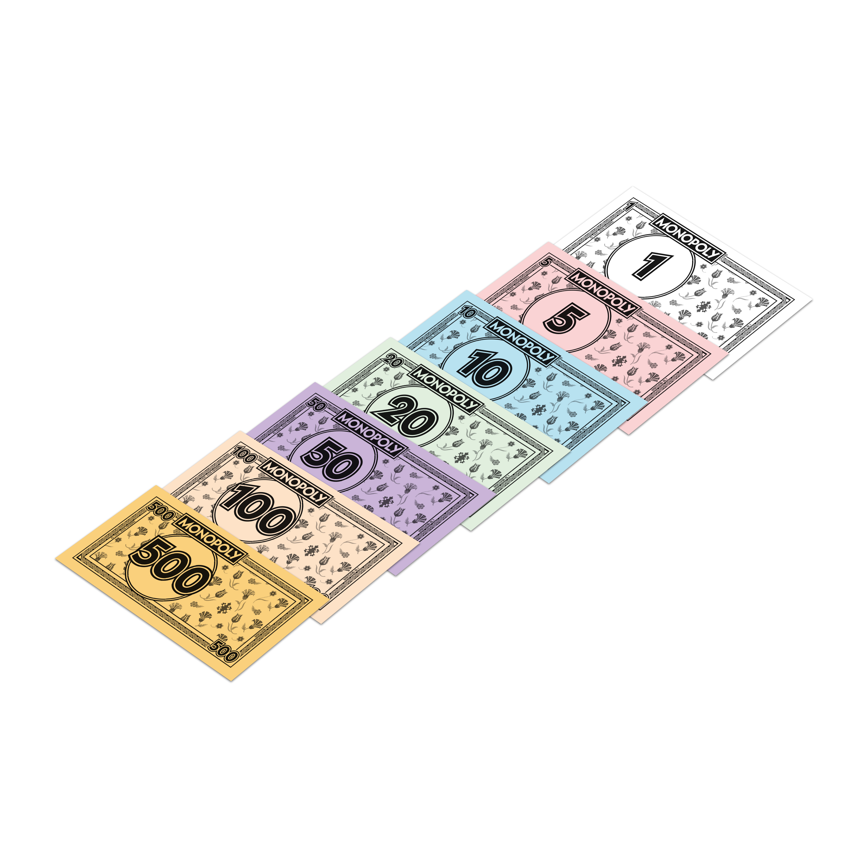 Monopol-Geldscheine in verschiedenen Farben und Werten: 1, 5, 10, 20, 50, 100, 500.