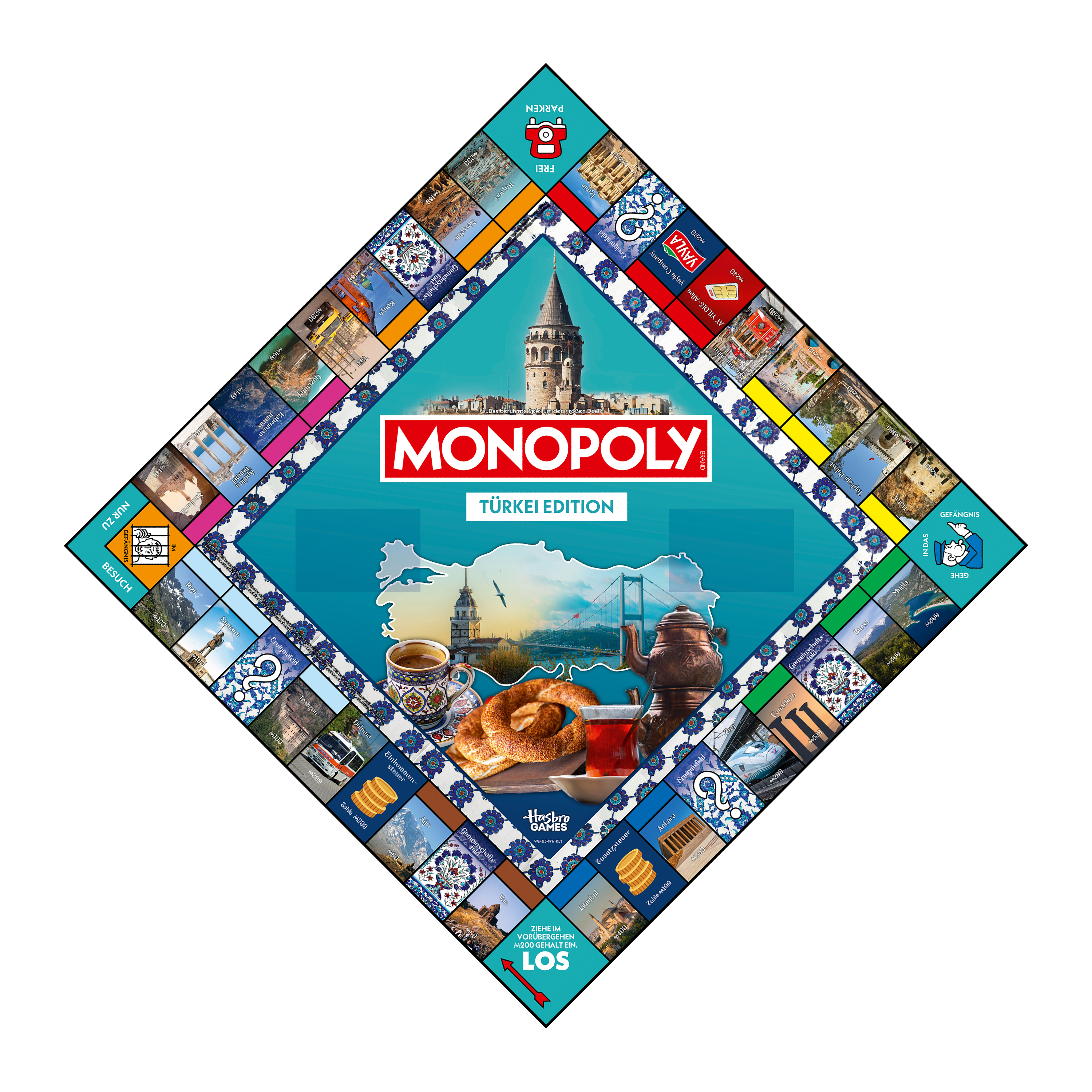 Monopoly Türkei Edition Spielbrett mit Istanbul-Skyline, Tee, Gebäck und Sehenswürdigkeiten.