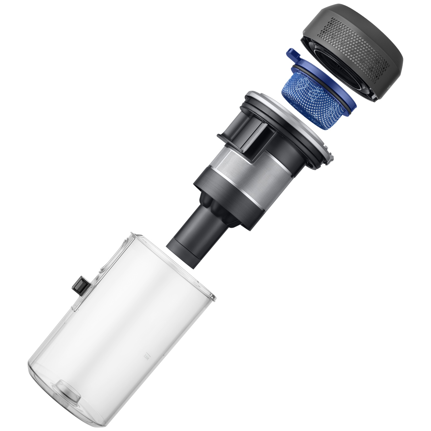A transparent dustbin with a cylindrical filter and black lid, exploded view.