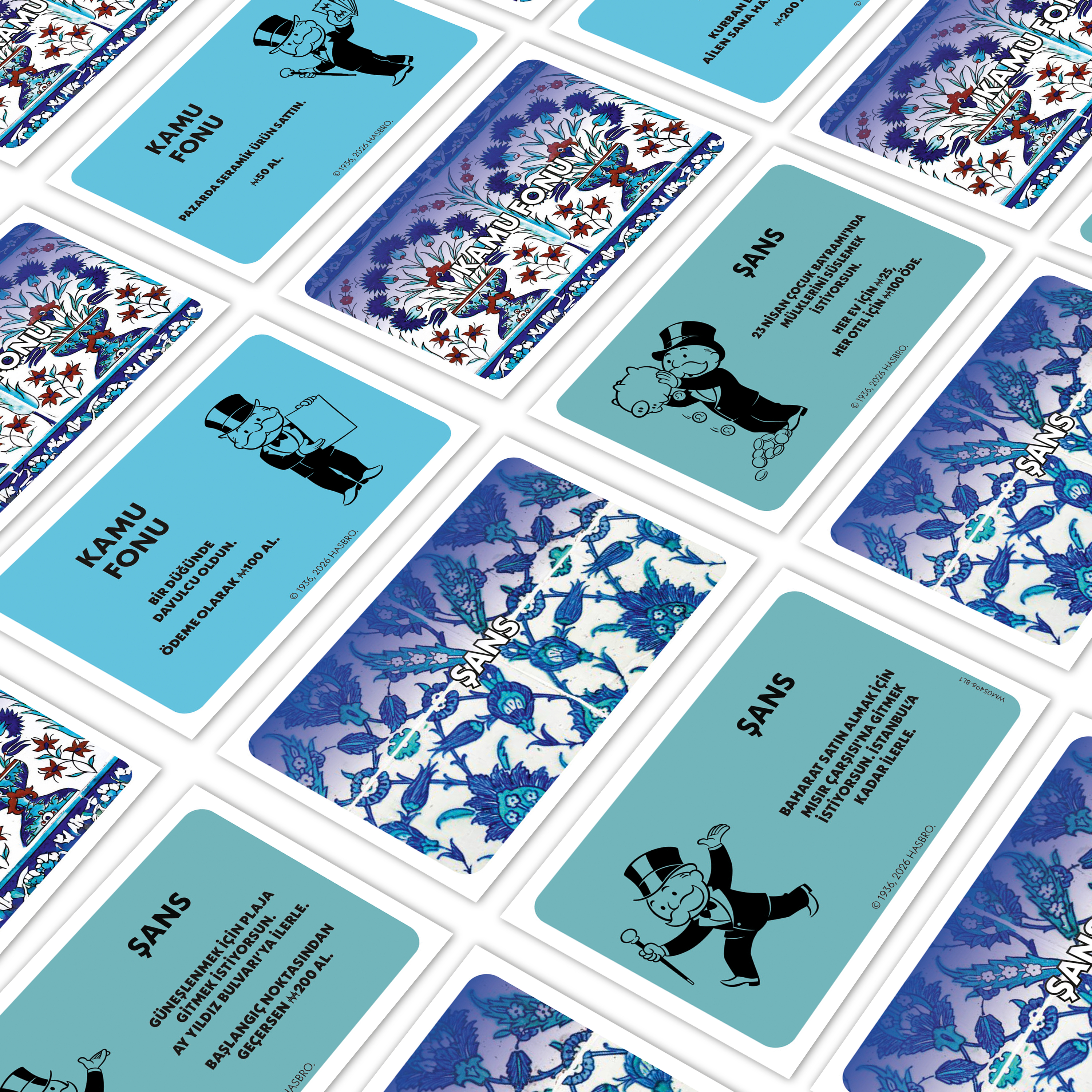 Monopoly-Karten mit türkischem Text und Illustrationen von Herrn Monopoly.