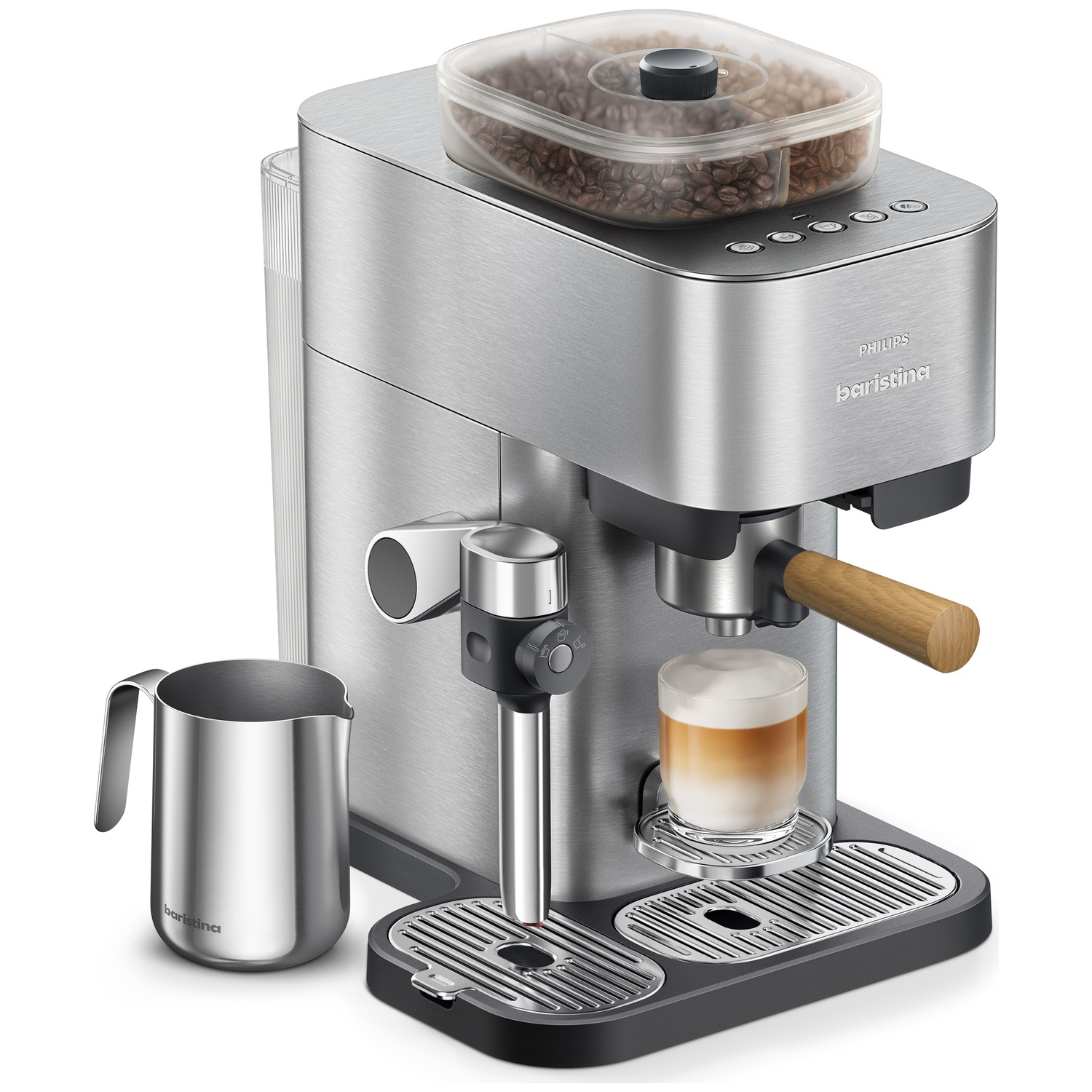 Silver espresso machine with bean hopper, milk jug, and finished coffee.