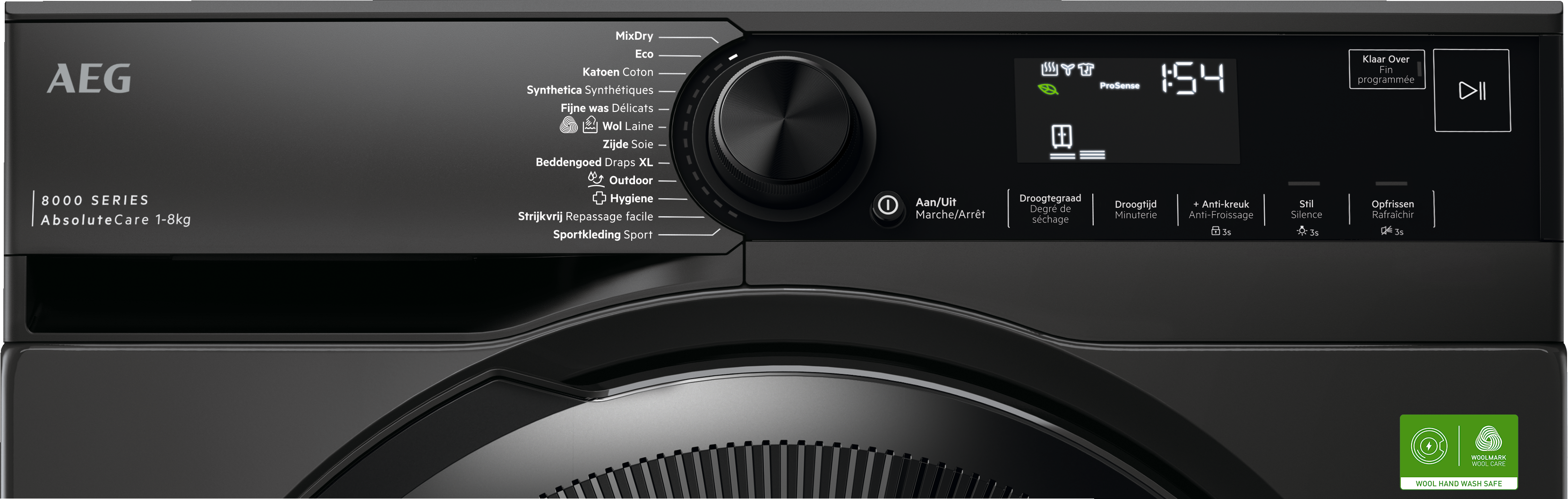 Bedieningspaneel van een zwarte AEG wasmachine met display, draaiknop en programmaknoppen.