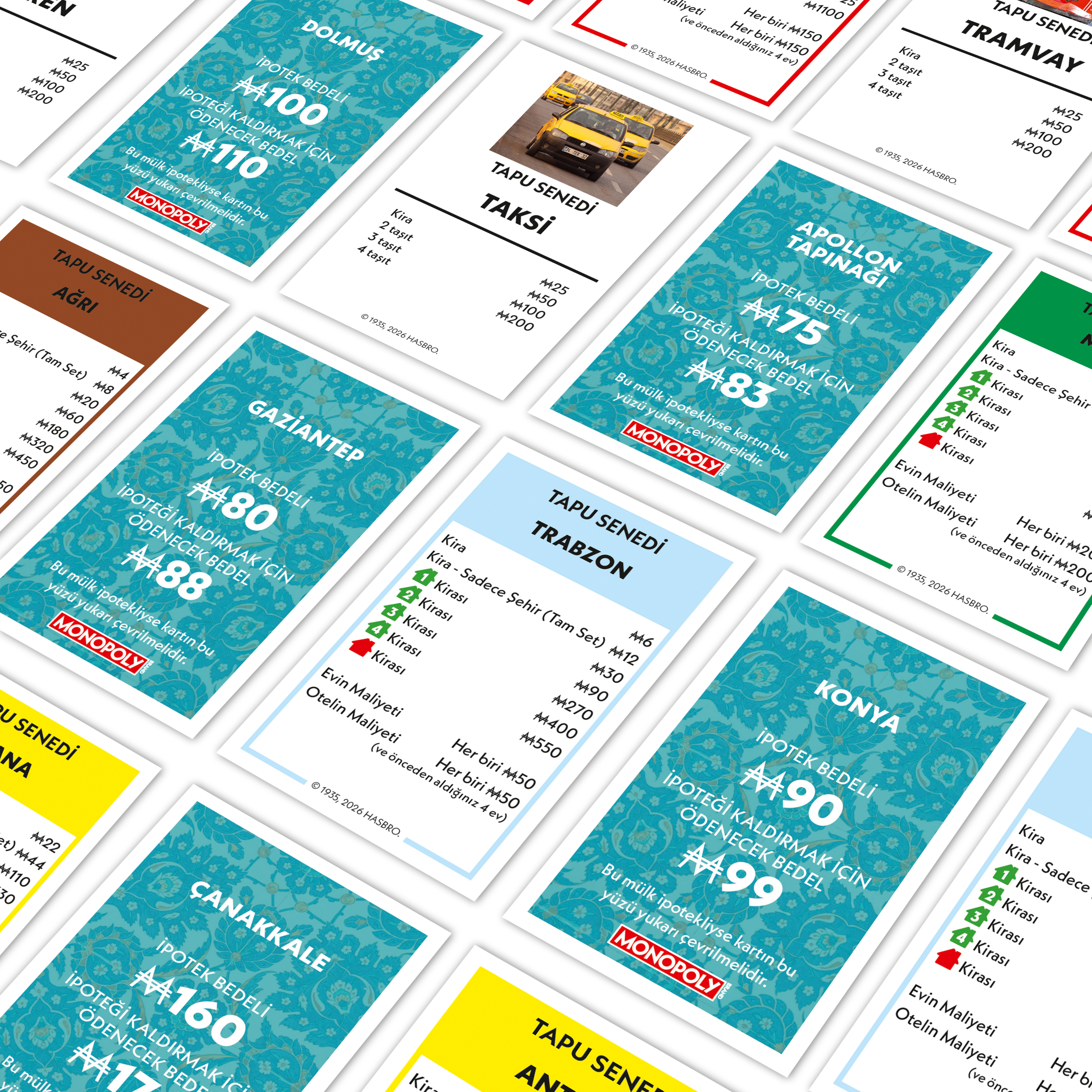Monopoly-Spielkarten: Dolmuş, Taksi, Tramvay, Ağrı, Gaziantep, Apollon, Konya, Trabzon, Çanakkale.