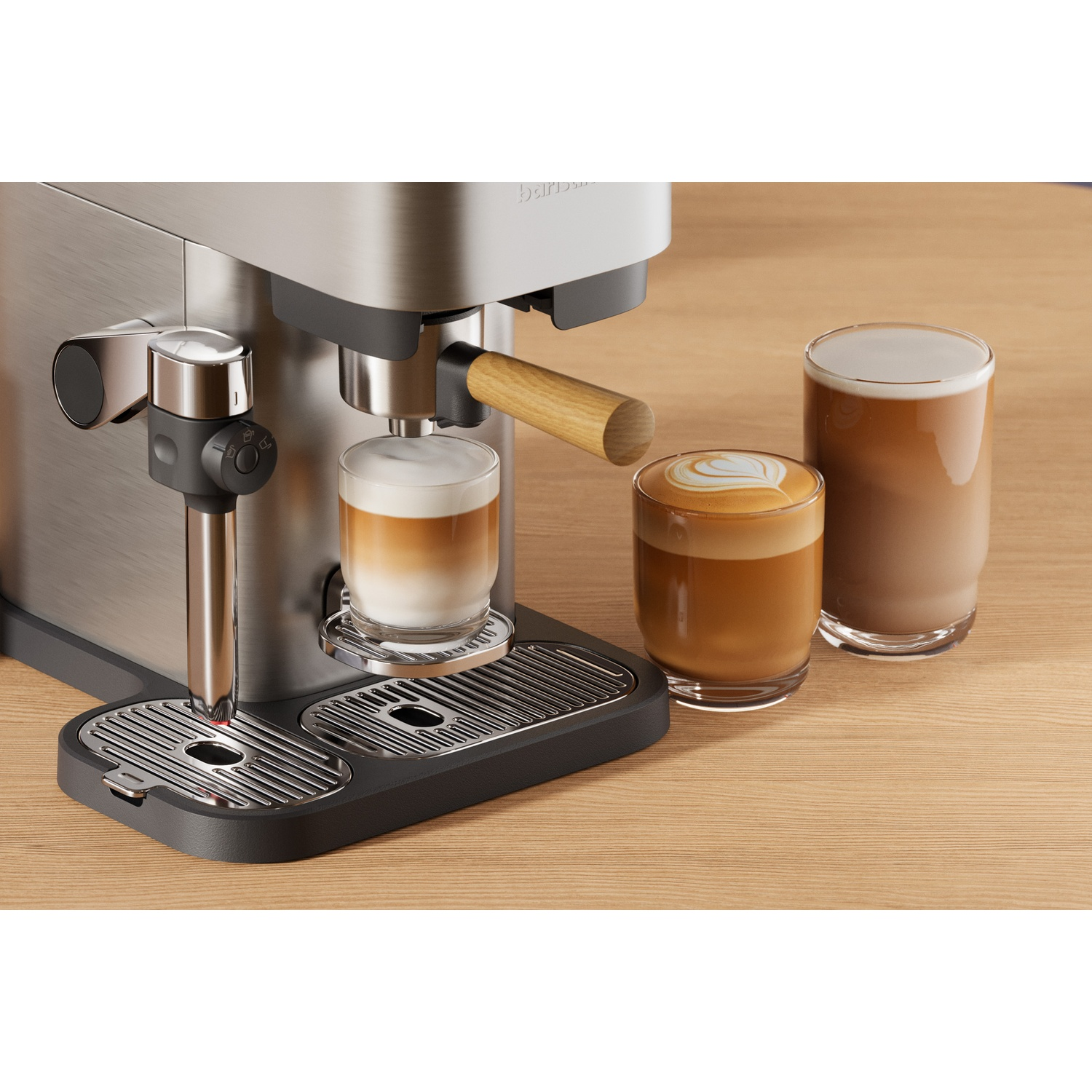 An espresso machine with three coffees: one in a glass with latte art.