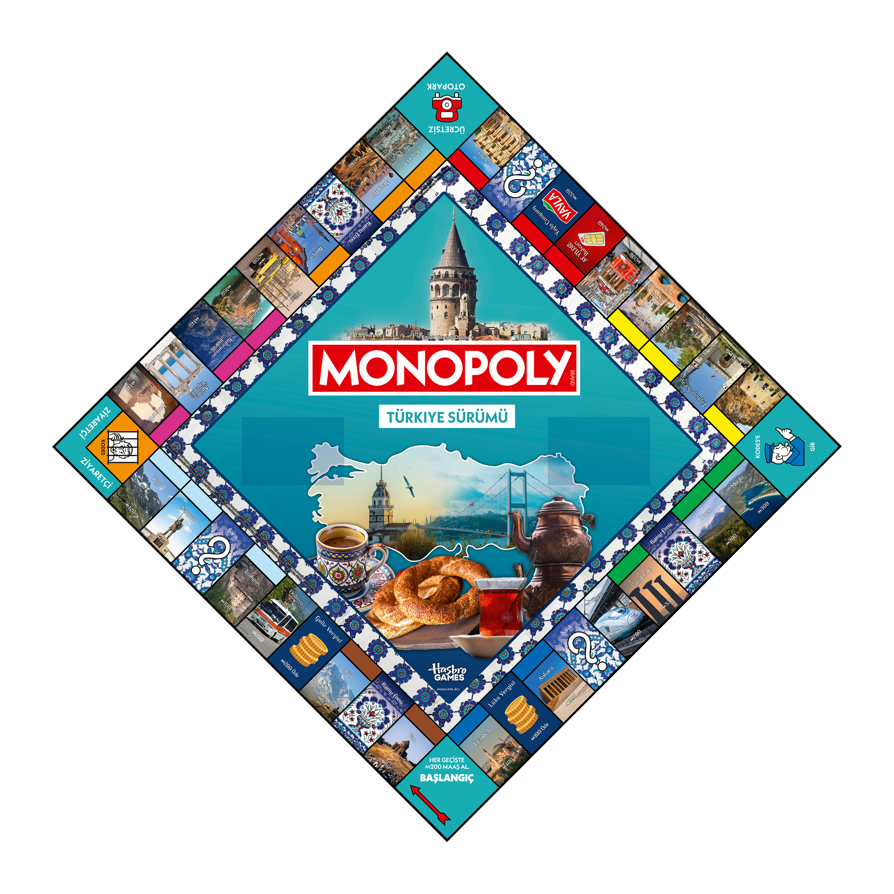 Monopoly Türkei Edition Spielbrett mit Wahrzeichen, Essen und türkischen Fliesen.