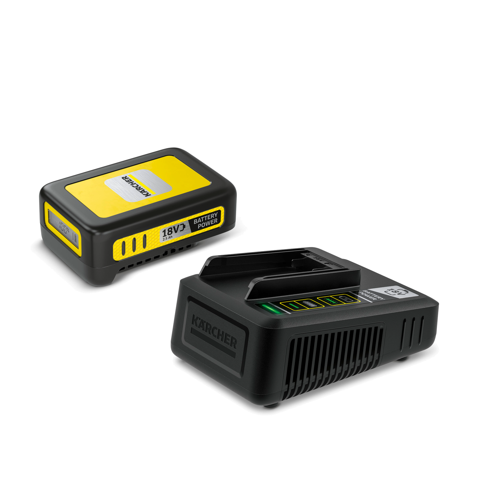 Czarna ładowarka Karcher z zielonymi światłami i czarnym akumulatorem Karcher 18V.
