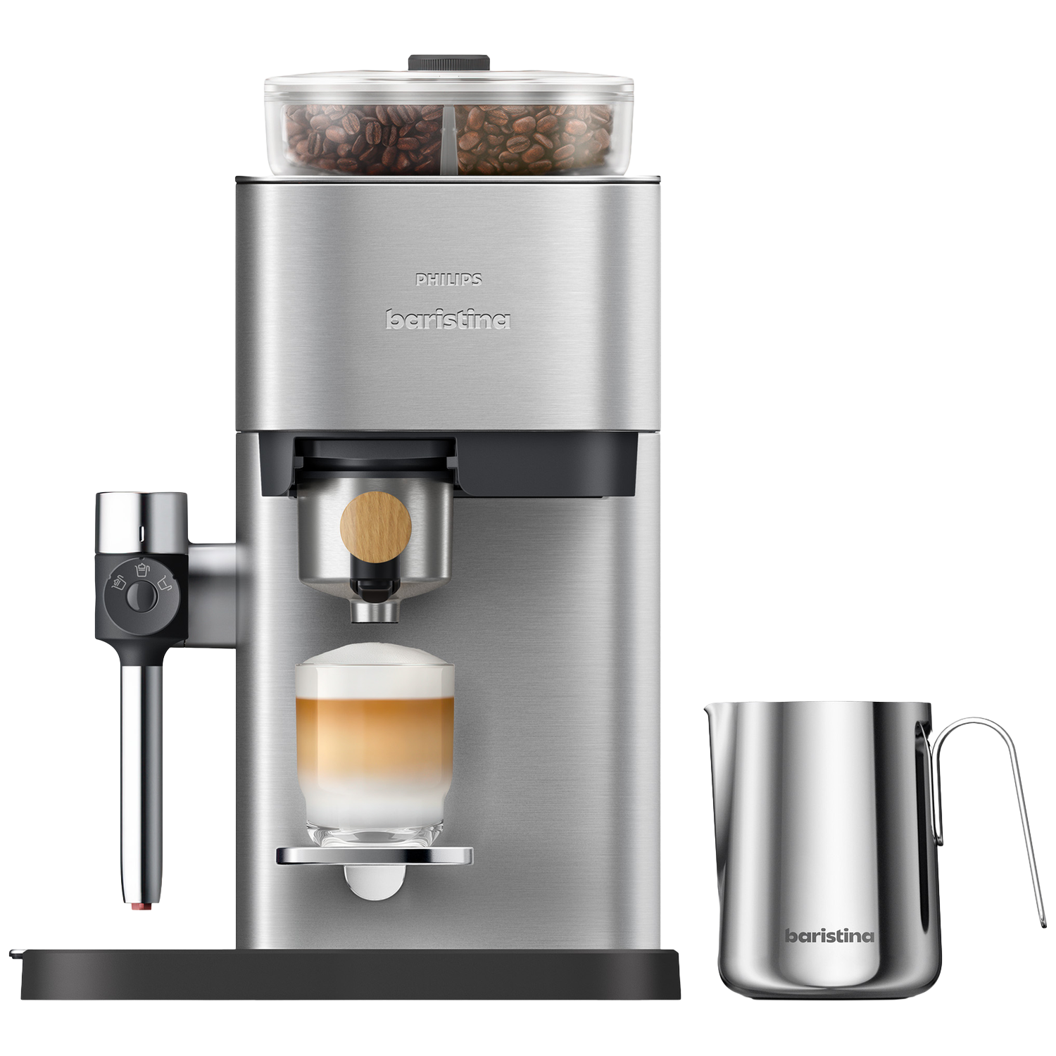 Zilveren koffiezetapparaat met glas, koffie en melk, op zwarte achtergrond.