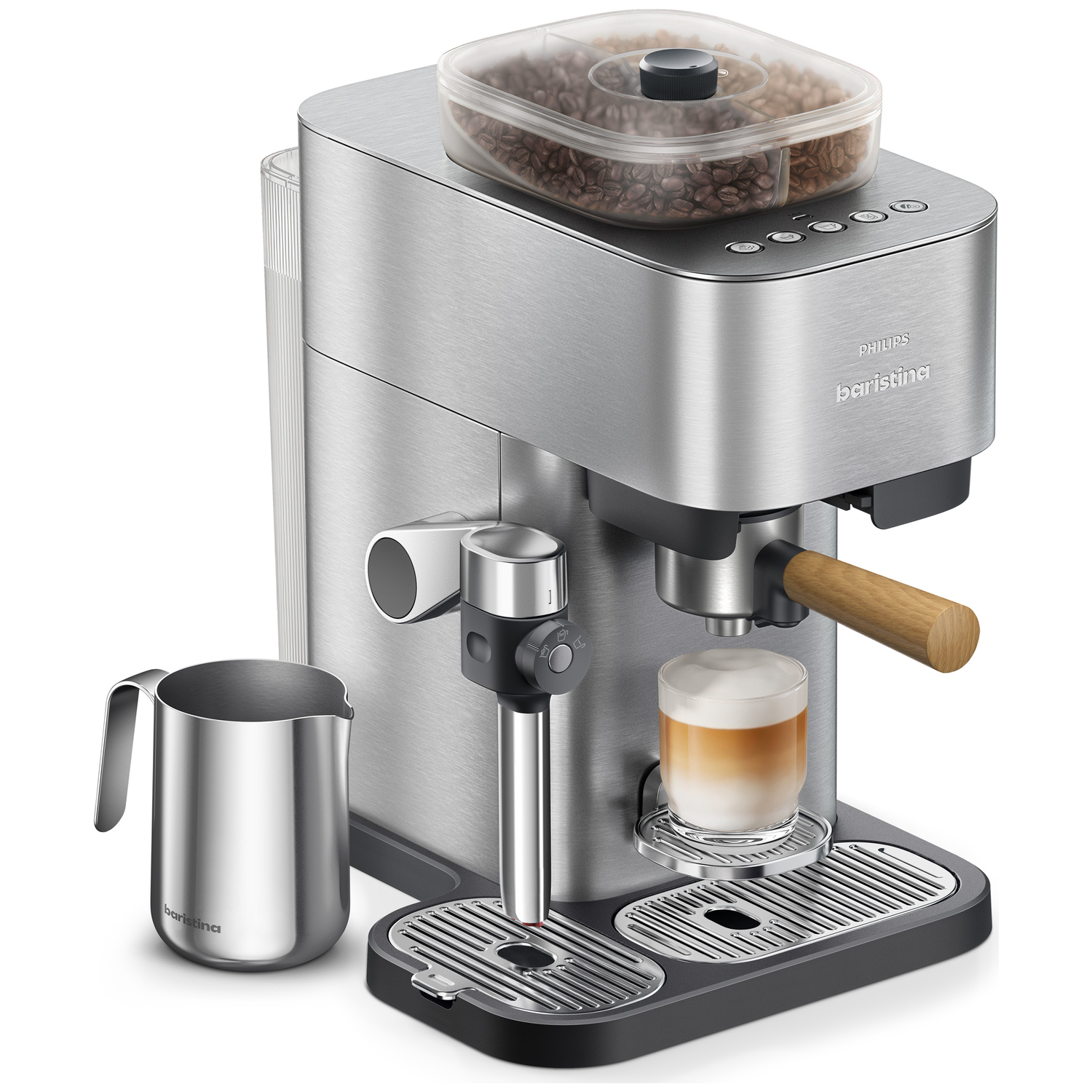 Zilveren espressomachine met bonenreservoir, melkkan en glas latte.