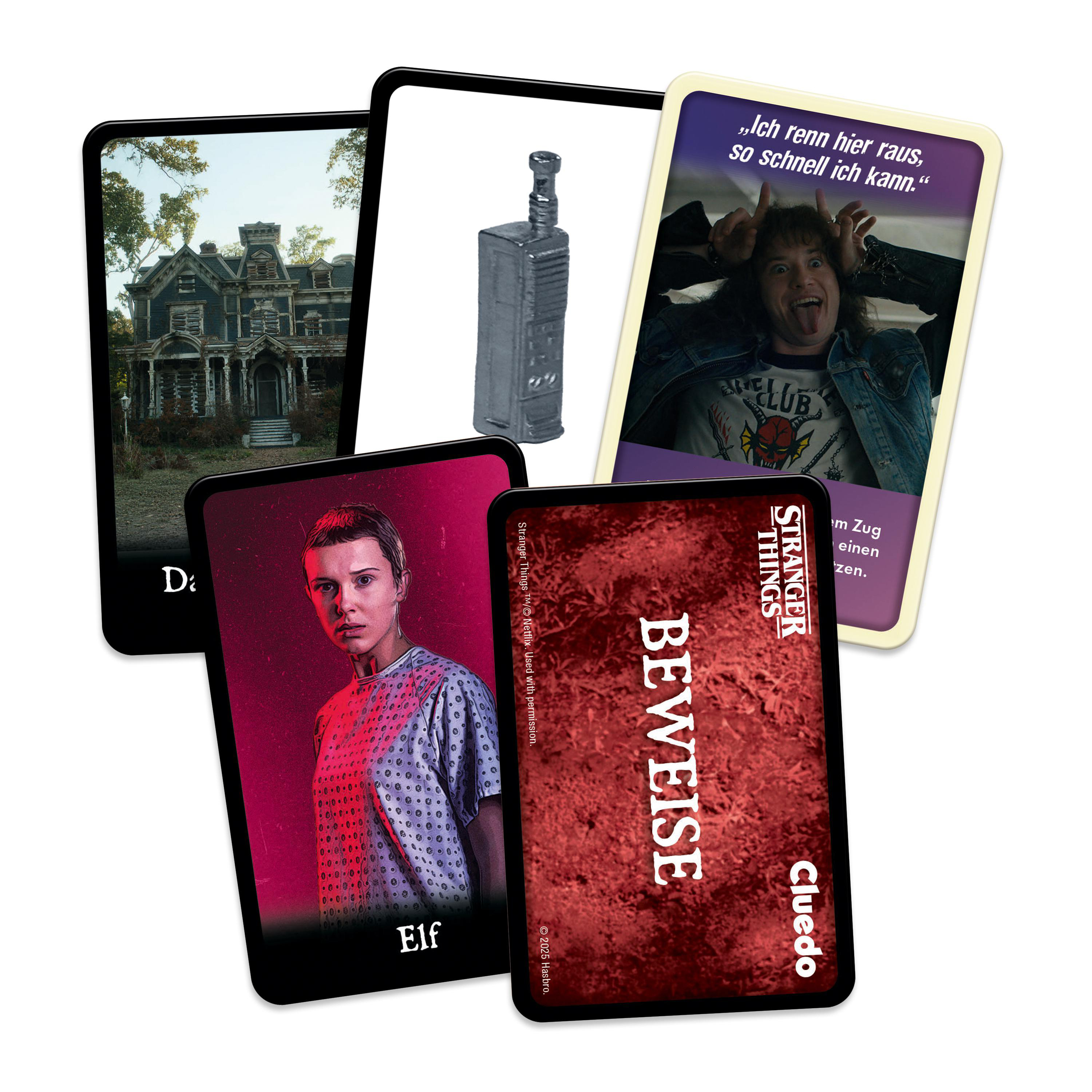 Karten von Stranger Things: Haus, Figur, Waffe und Zitat.