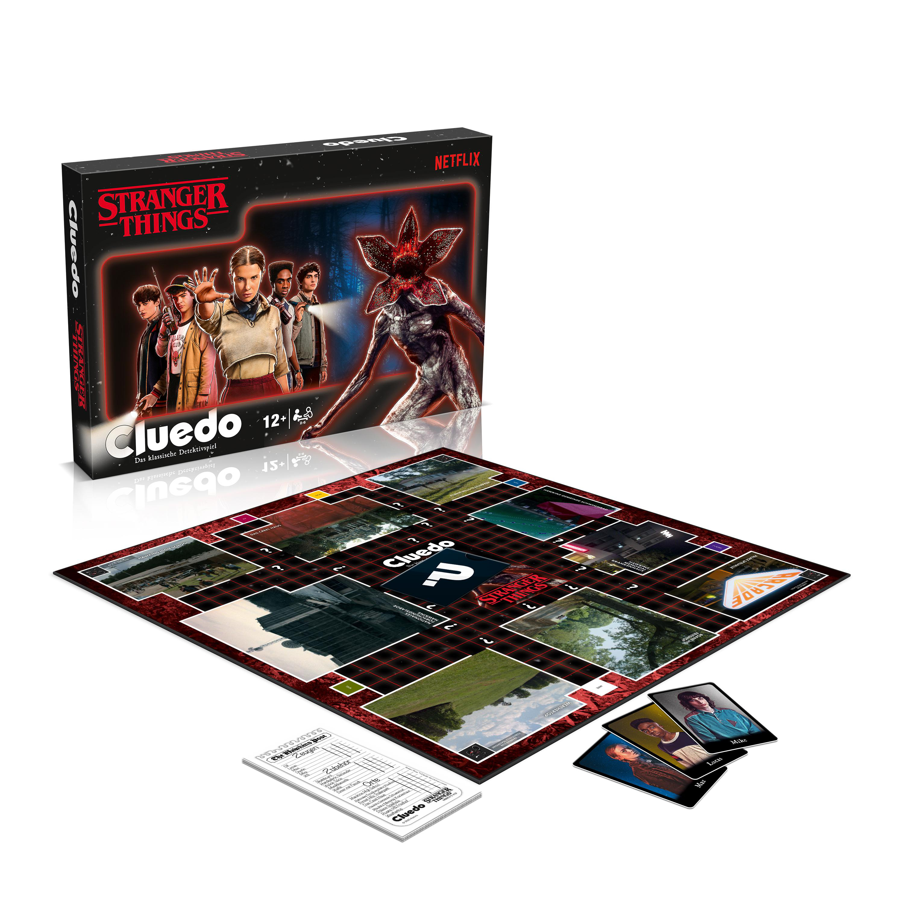 Stranger Things Cluedo Spielbrett mit Charakterkarten und Demogorgon auf der Box.