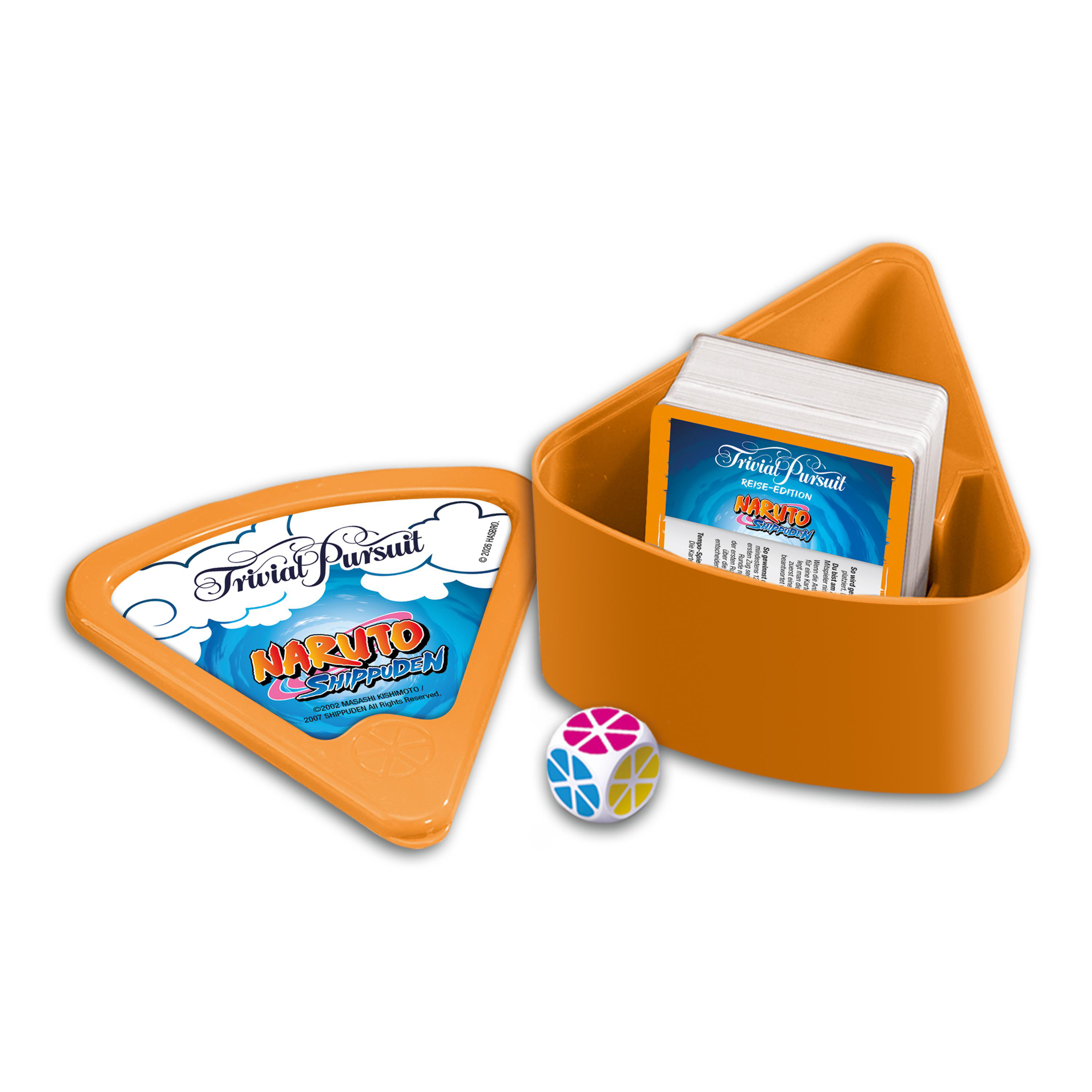 Ein orangefarbenes Trivial Pursuit Naruto Shippuden Reise-Edition Spiel mit Karten und Würfel.