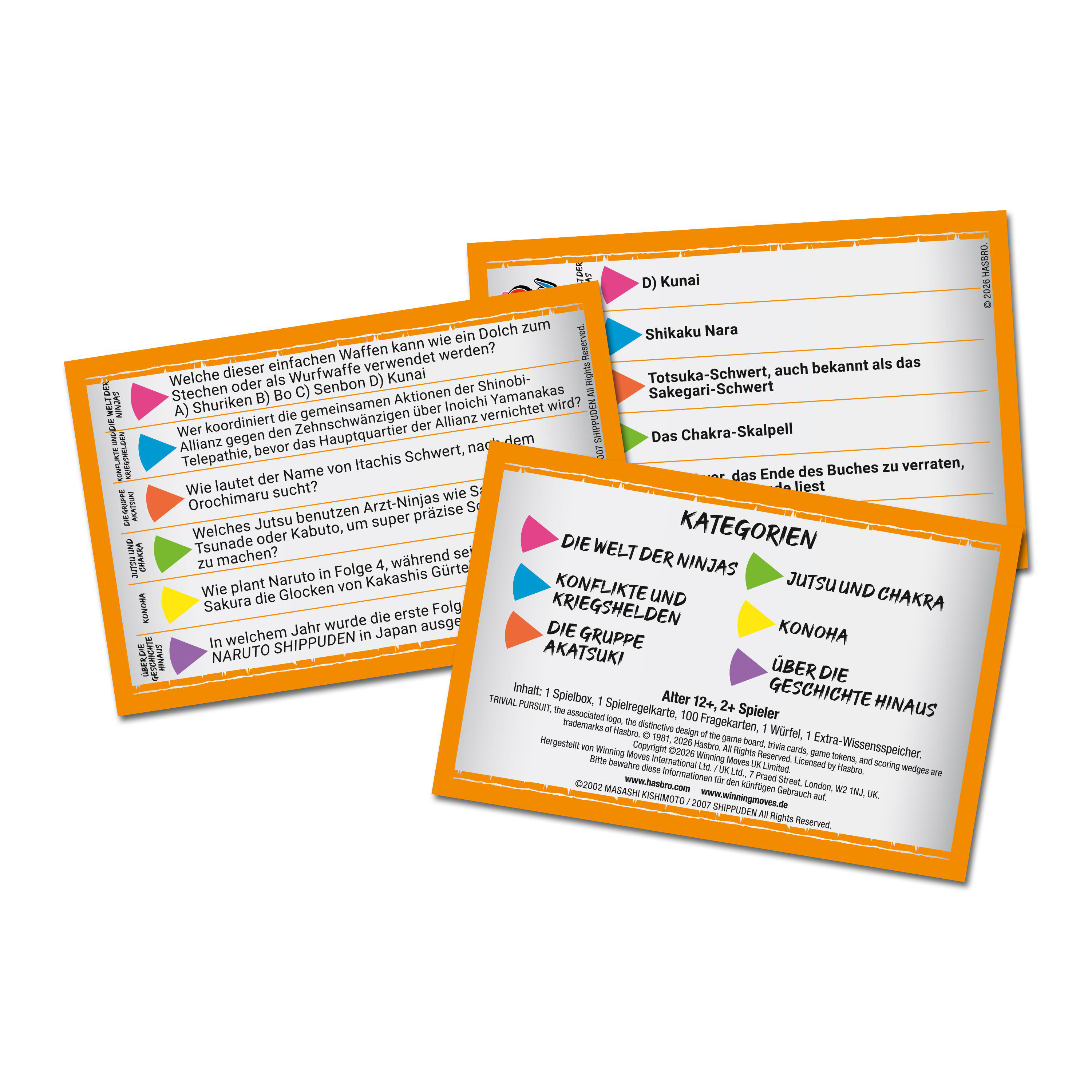 Naruto Trivial Pursuit Karten mit Fragen und Kategorien auf Deutsch.