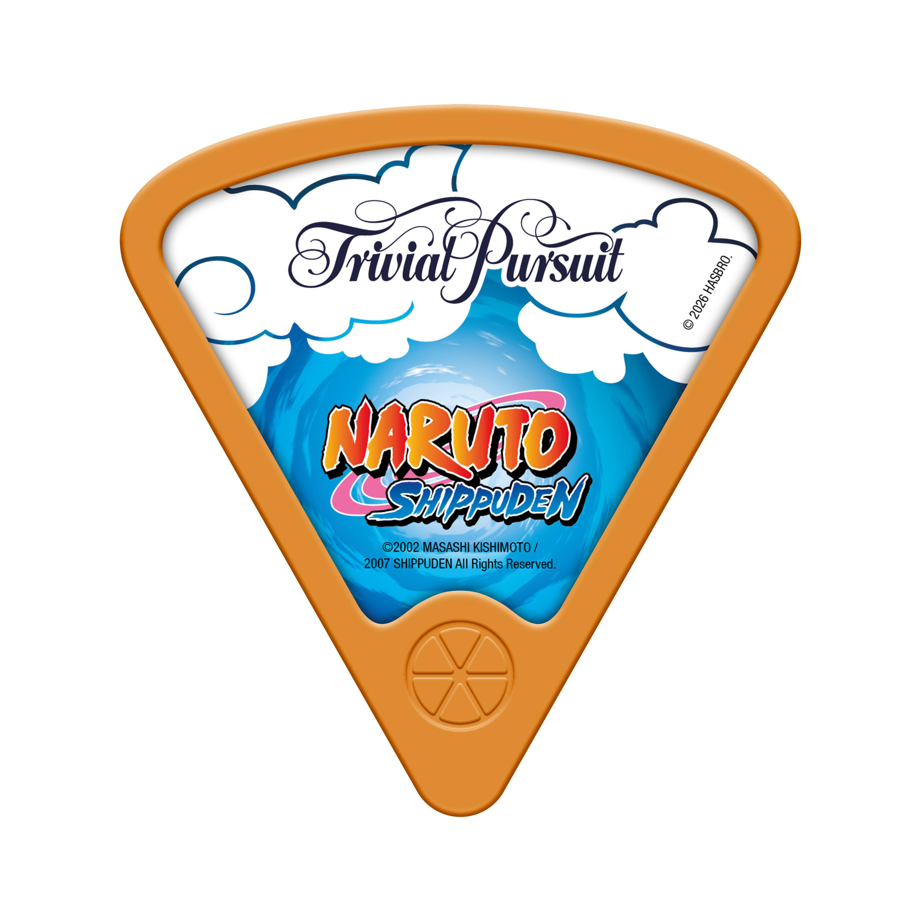 Ein orangefarbenes Trivial Pursuit 'Naruto Shippuden'-Spielteil mit Wolken und Wirbeln.