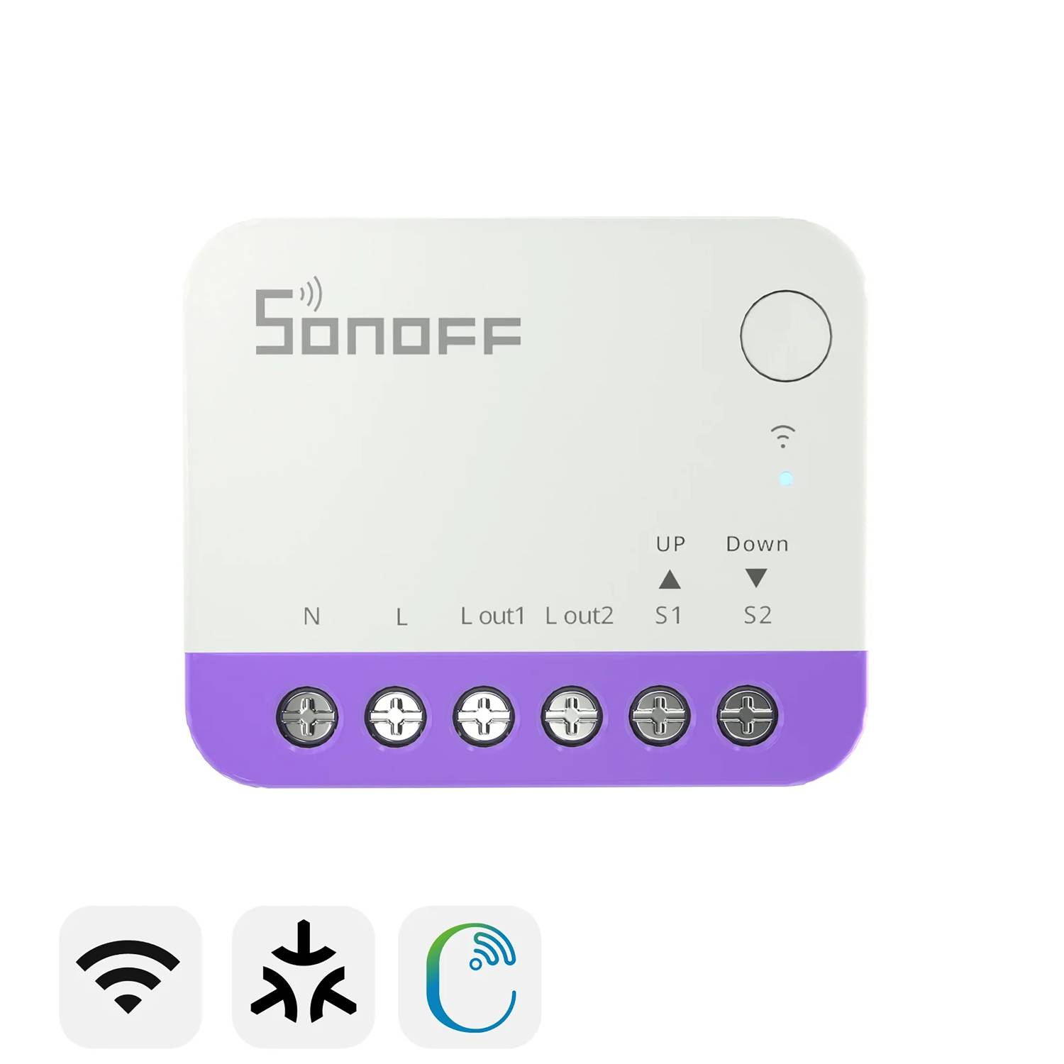 Interruptor Sonoff blanco con bloque de terminales morado, tornillos e iconos.