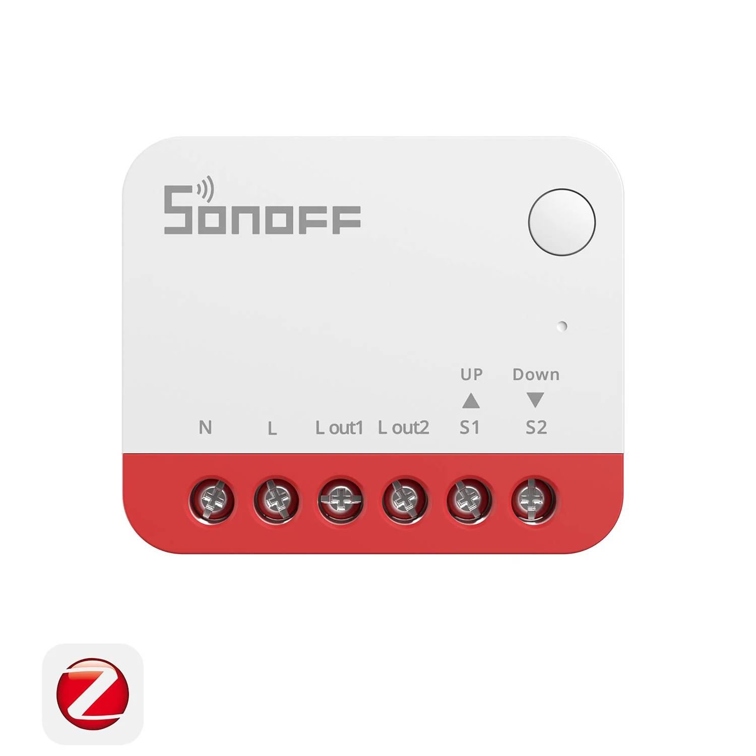 Dispositivo Sonoff con bloque de terminales rojo, etiquetado N, L, Lout1, Lout2, S1, S2.