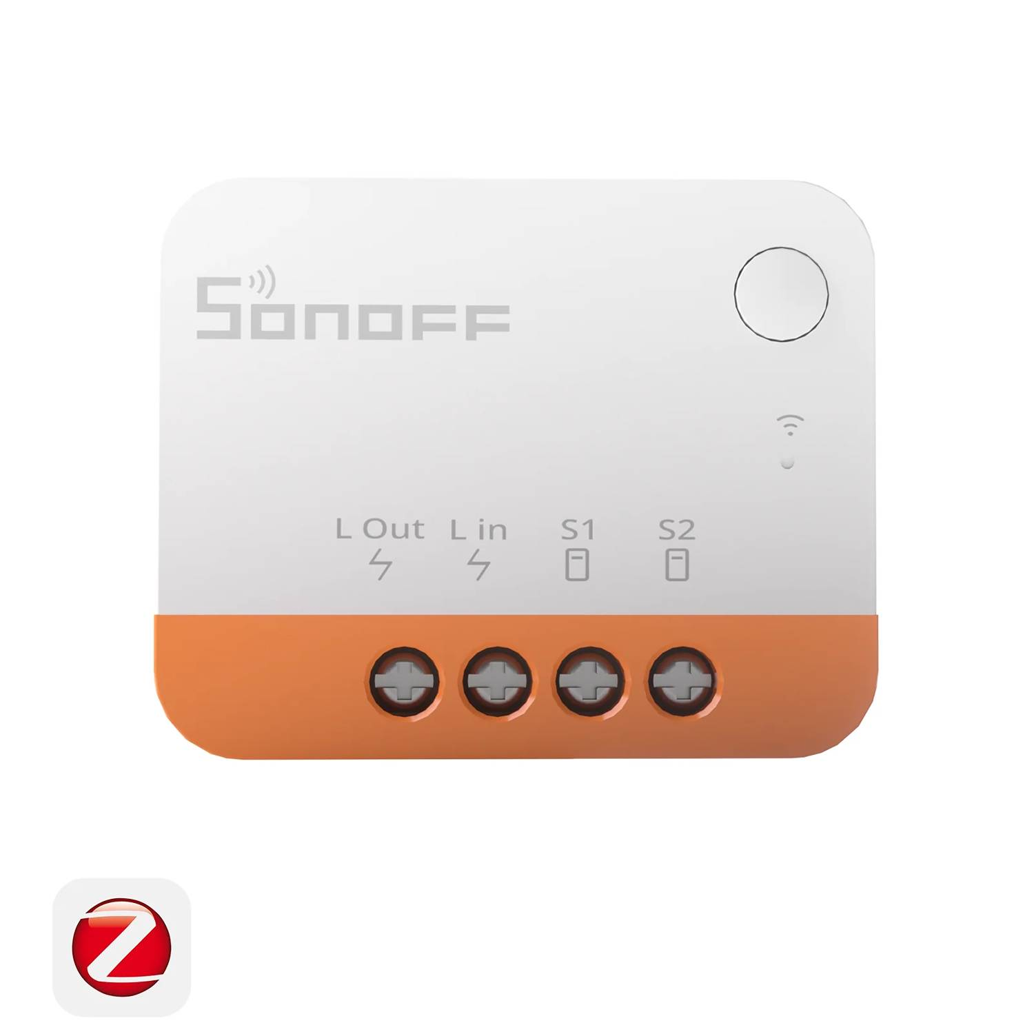 Interruptor Sonoff para hogar inteligente con terminales para L, Out, Lin, S1, S2.