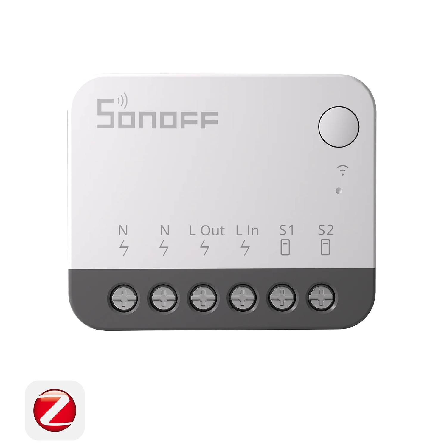 Un dispositivo Sonoff blanco con terminales grises y etiquetas de conexión.