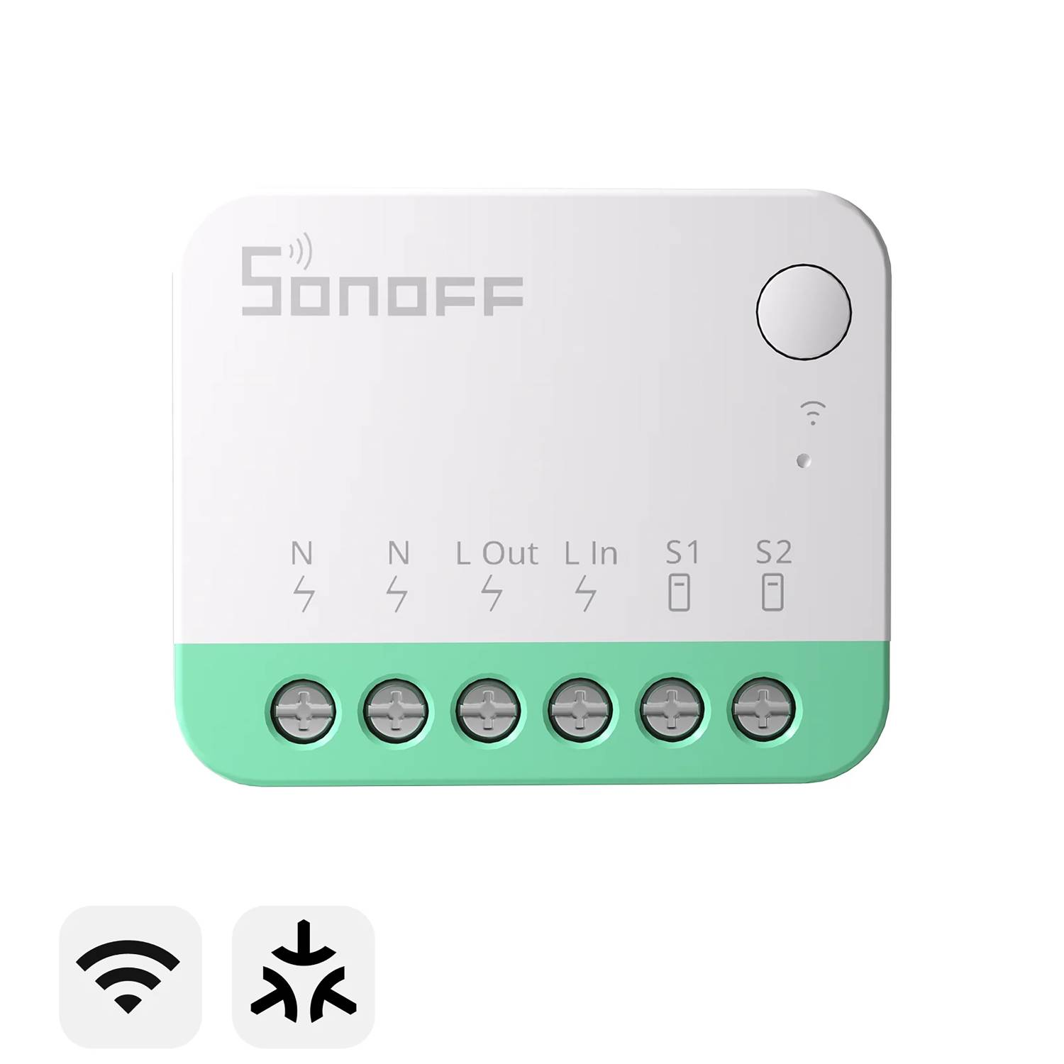 Un interruptor Sonoff blanco con base verde y terminales de tornillo.