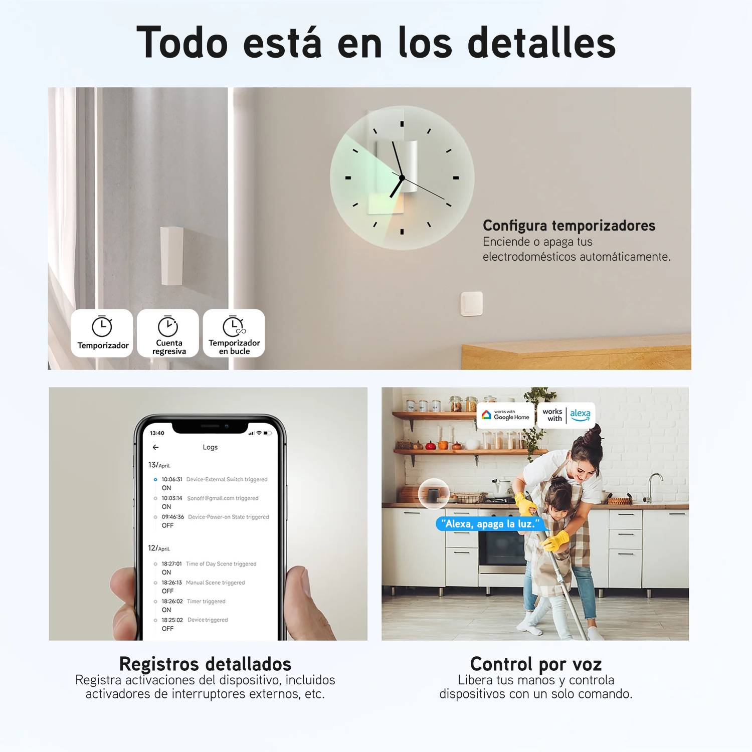Múltiples escenas de hogar inteligente: temporizador, registros y control por voz.
