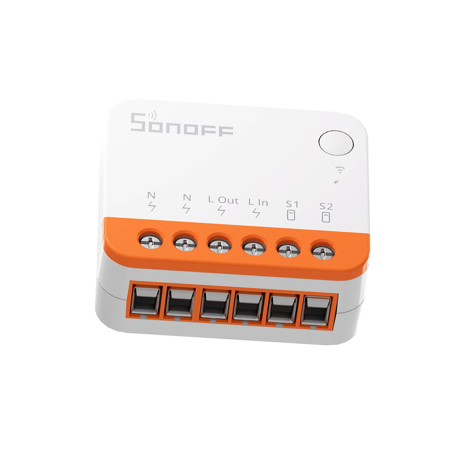 Un interruptor Sonoff blanco con carcasa naranja y terminales de tornillo.