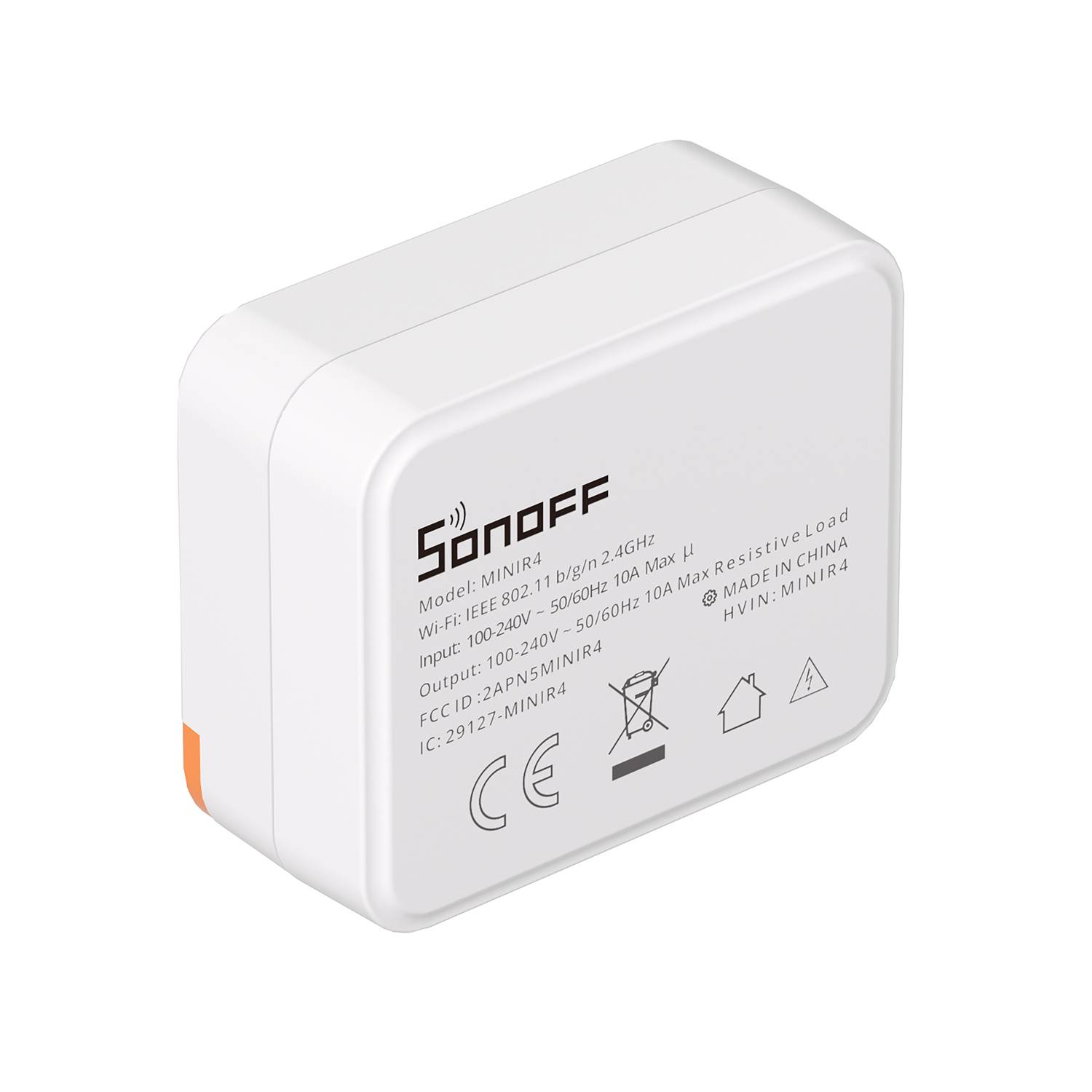 Un dispositivo Sonoff blanco con información del modelo y marca CE.