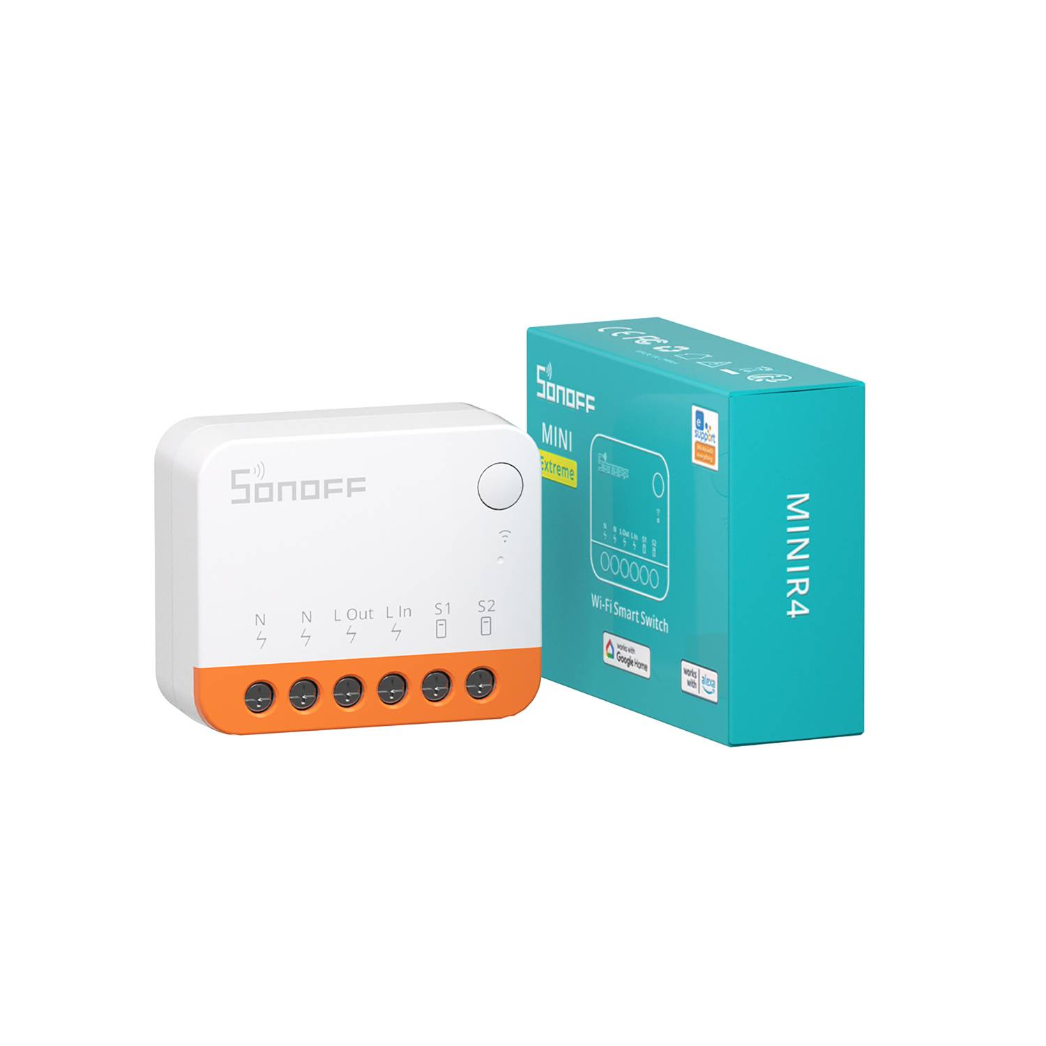 Un interruptor inteligente Sonoff Mini R4 blanco y su caja sobre fondo blanco.